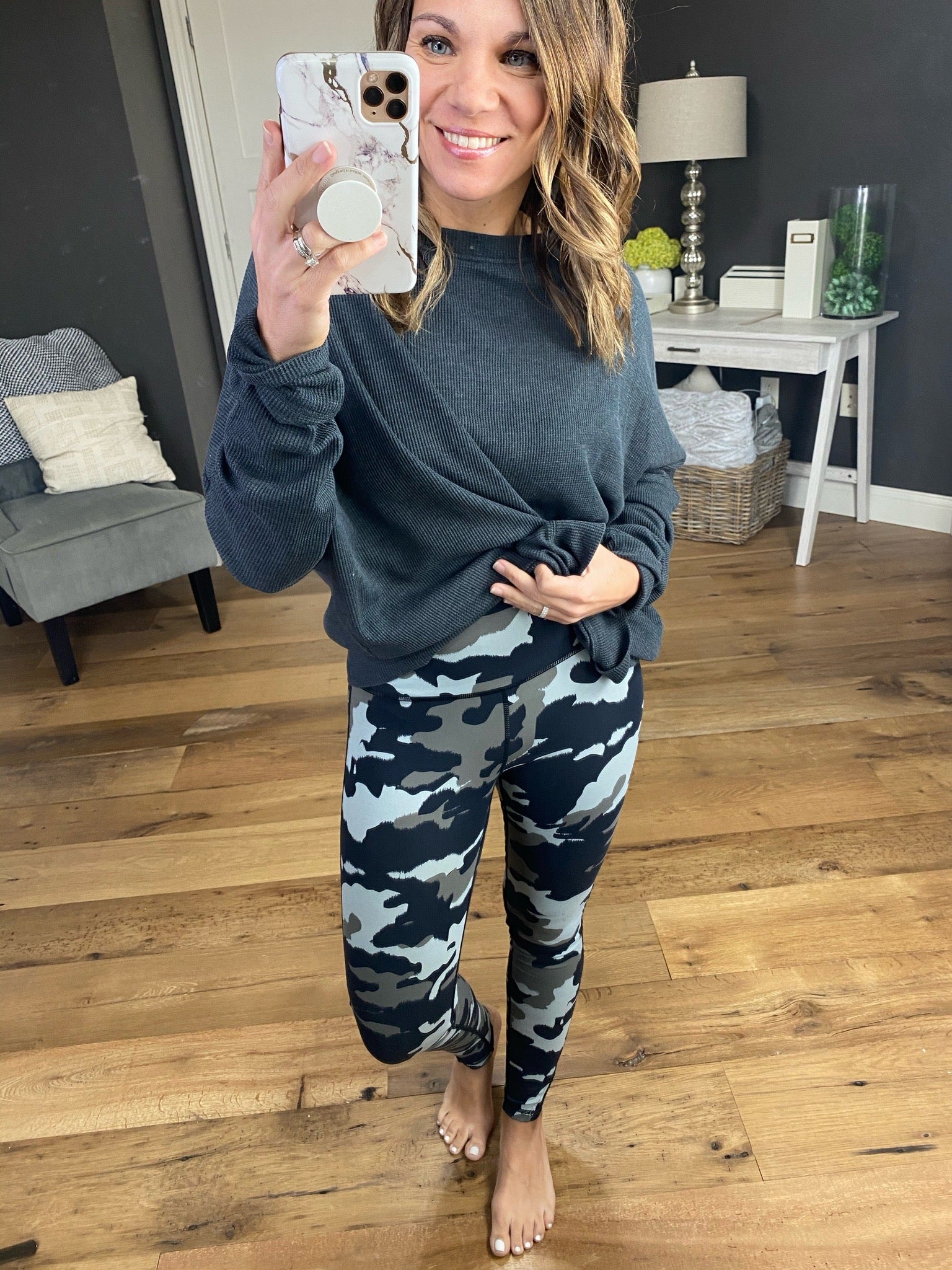 Get On The Road Grey Camo High Waisted Leggings with Mesh Ankle Detail-Leggings-Mono B-Anna Kaytes Boutique, Women's Fashion Boutique in Grinnell, Iowa