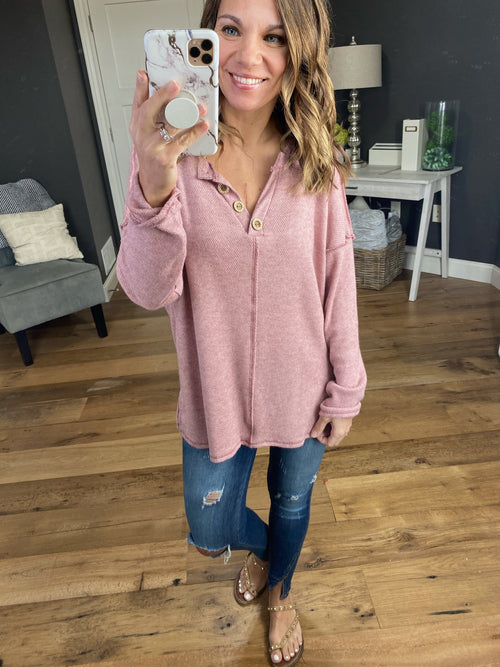 Ray Of Light 1/4 Button Long Sleeve with Exposed Seam-Long Sleeves-Bibi BT2117-01-Anna Kaytes Boutique, Women's Fashion Boutique in Grinnell, Iowa