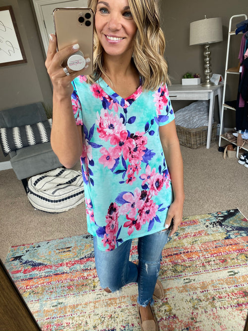 Dear April Mint Floral V-Neck Tee-Accessories,Ladies, Tees-Lime & Chili LT5169-Anna Kaytes Boutique, Women's Fashion Boutique in Grinnell, Iowa