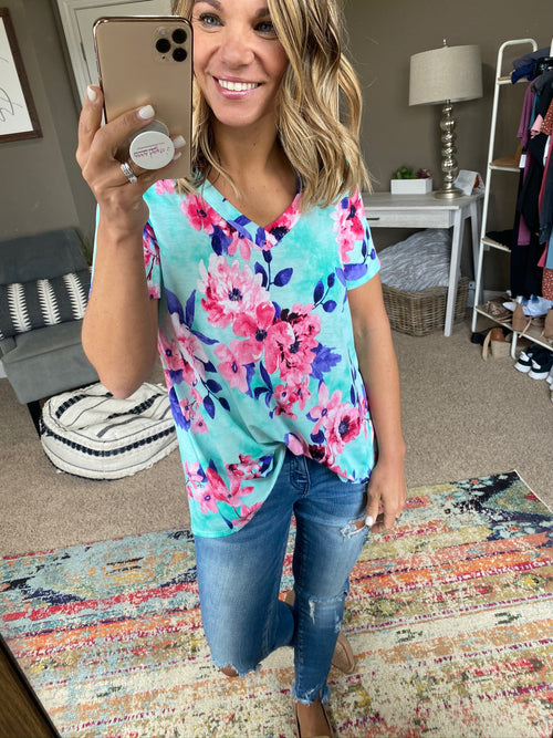 Dear April Mint Floral V-Neck Tee-Accessories,Ladies, Tees-Lime & Chili LT5169-Anna Kaytes Boutique, Women's Fashion Boutique in Grinnell, Iowa