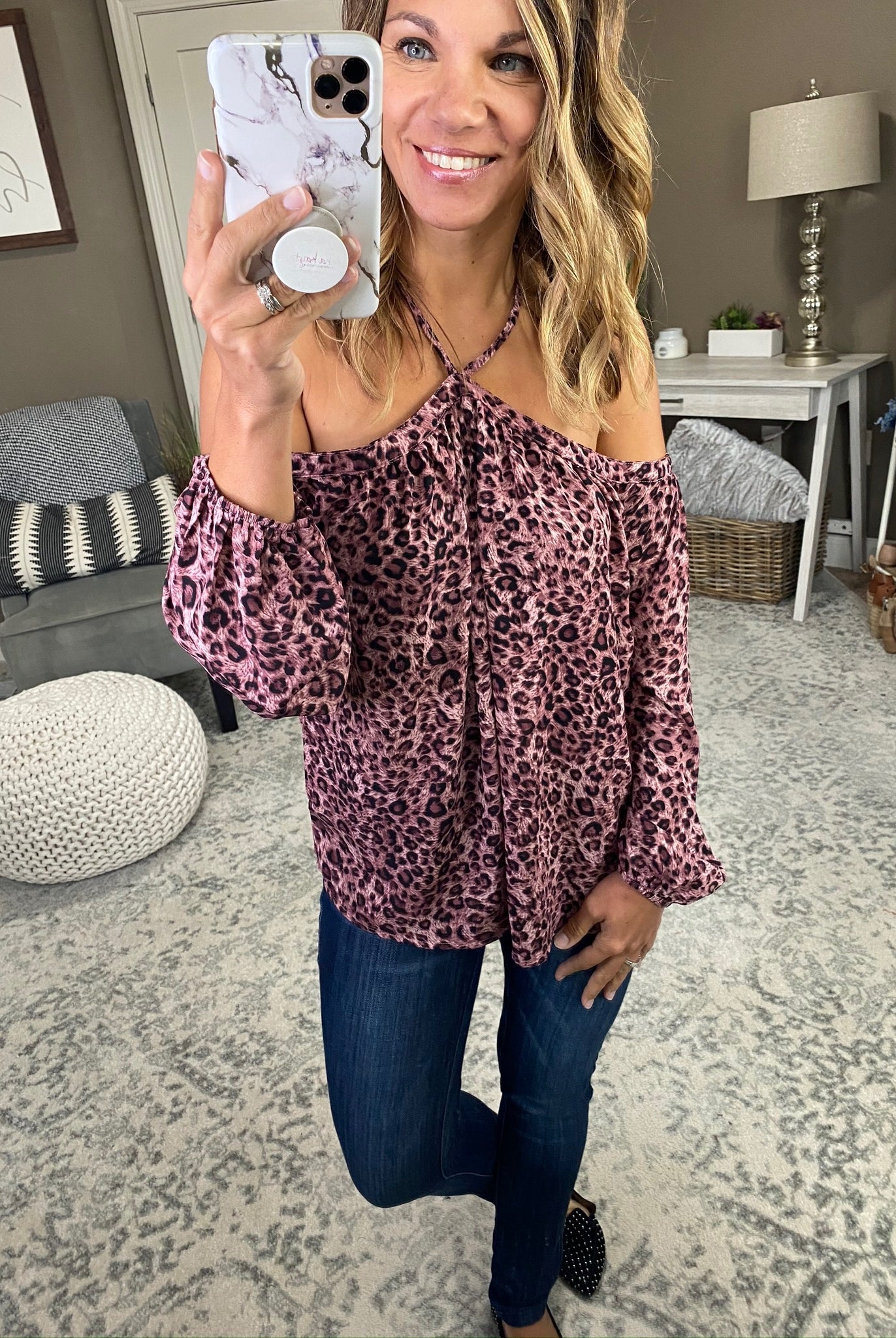 Pretty Heart of Mine Mauve Leopard Print Halter Off Shoulder Blouse-Long Sleeves-EESome TK4214-Anna Kaytes Boutique, Women's Fashion Boutique in Grinnell, Iowa