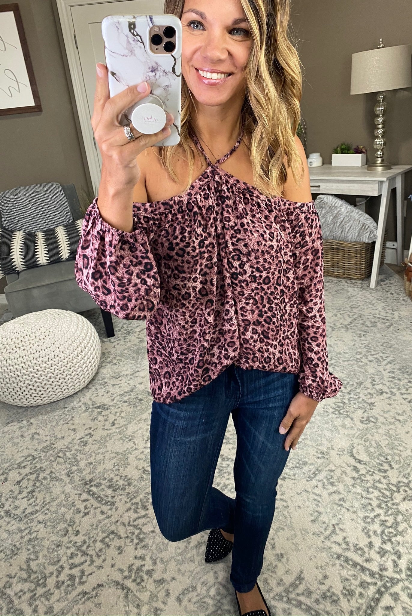 Pretty Heart of Mine Mauve Leopard Print Halter Off Shoulder Blouse-Long Sleeves-EESome TK4214-Anna Kaytes Boutique, Women's Fashion Boutique in Grinnell, Iowa