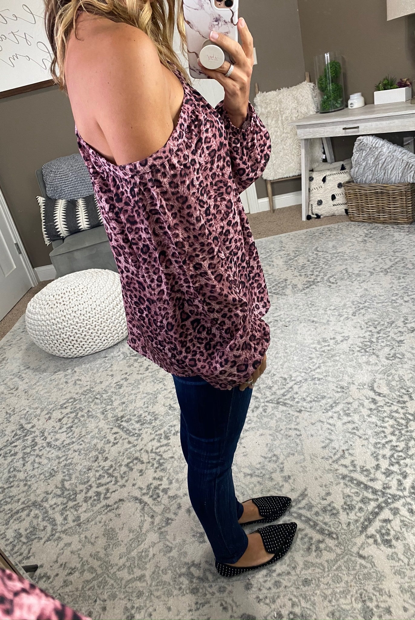 Pretty Heart of Mine Mauve Leopard Print Halter Off Shoulder Blouse-Long Sleeves-EESome TK4214-Anna Kaytes Boutique, Women's Fashion Boutique in Grinnell, Iowa