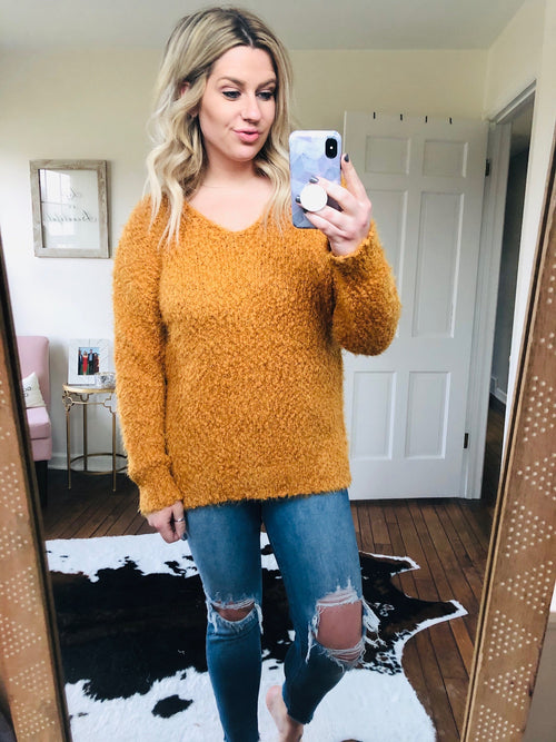 Bring Me Love Mustard V-Neck Popcorn Mohair Sweater-Clothing, Tops, Sweaters-Staccato-Anna Kaytes Boutique, Women's Fashion Boutique in Grinnell, Iowa