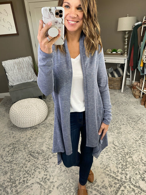 Adore You Blue Ribbed Cardigan-Clothing, Tops, Cardigans-promesa DT3721-Anna Kaytes Boutique, Women's Fashion Boutique in Grinnell, Iowa