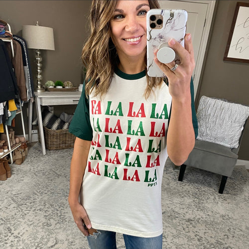 Fa-La-La Ivory Graphic Holiday Tee-Accessories,Ladies, Tees-Prickly Pear Texas-Anna Kaytes Boutique, Women's Fashion Boutique in Grinnell, Iowa