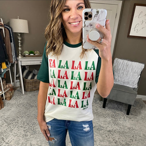 Fa-La-La Ivory Graphic Holiday Tee-Short Sleeves-Prickly Pear Texas-Anna Kaytes Boutique, Women's Fashion Boutique in Grinnell, Iowa