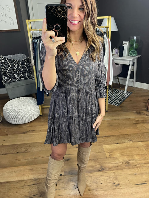 The Emmett 3/4 Sleeve Swing Dress - Charcoal-Dresses-Millibon ID30839C-Anna Kaytes Boutique, Women's Fashion Boutique in Grinnell, Iowa