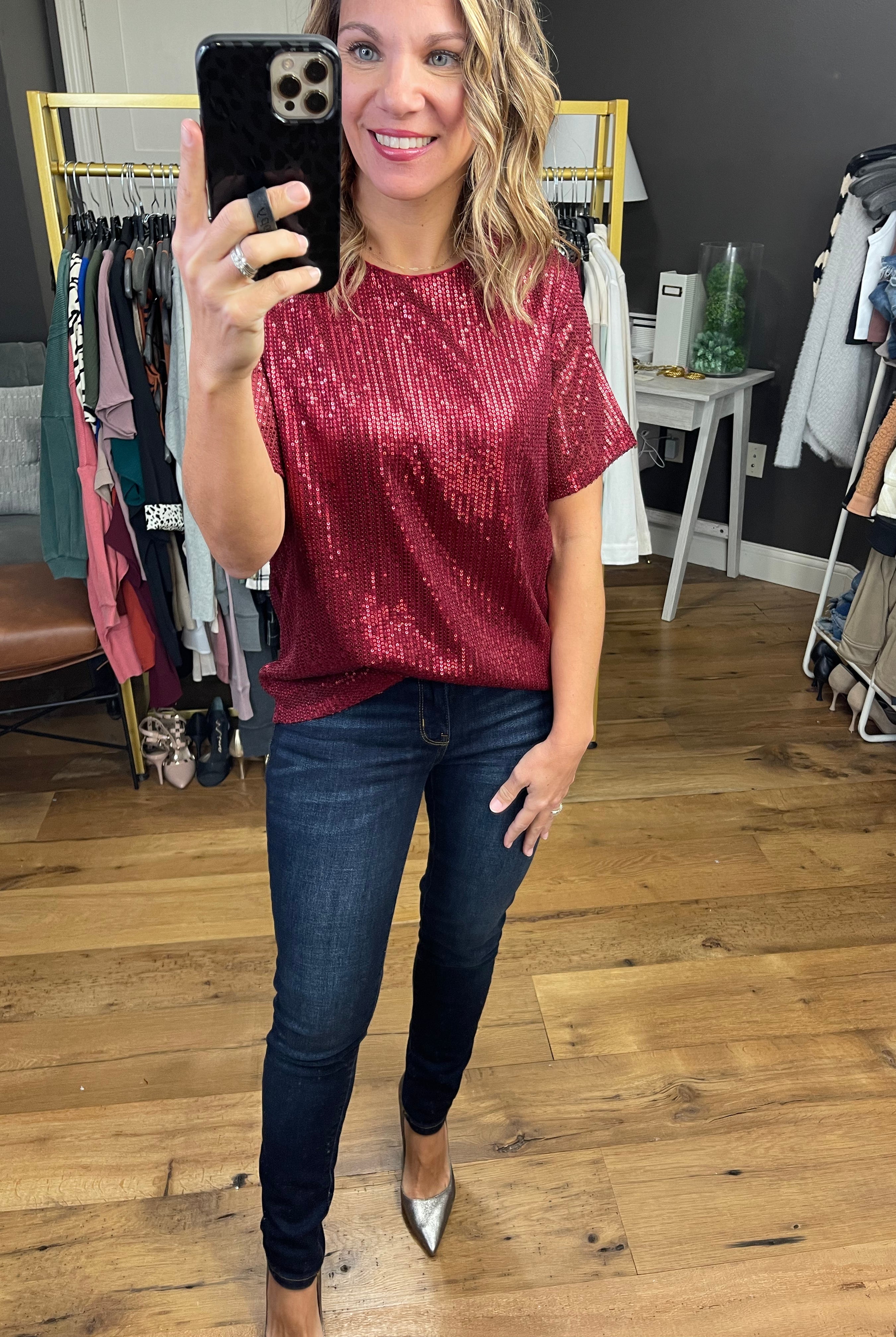 Take A Look Sequin Detail Top - Wine-Short Sleeves-Vine & Love VT60101-Anna Kaytes Boutique, Women's Fashion Boutique in Grinnell, Iowa