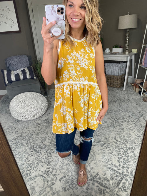 Break My Heart Yellow Floral Babydoll Tank with Lace Detailing-Tank Tops-staccato 17640-Anna Kaytes Boutique, Women's Fashion Boutique in Grinnell, Iowa