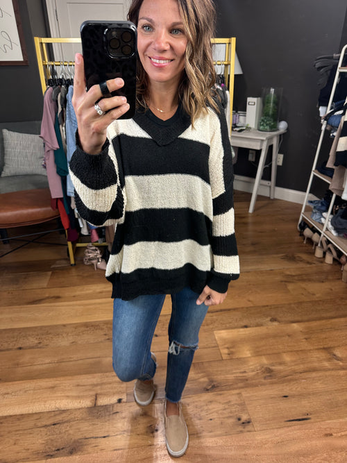 Better Than Ever Striped V-Neck Sweater - Black/Sand-Miracle M9107-Anna Kaytes Boutique, Women's Fashion Boutique in Grinnell, Iowa