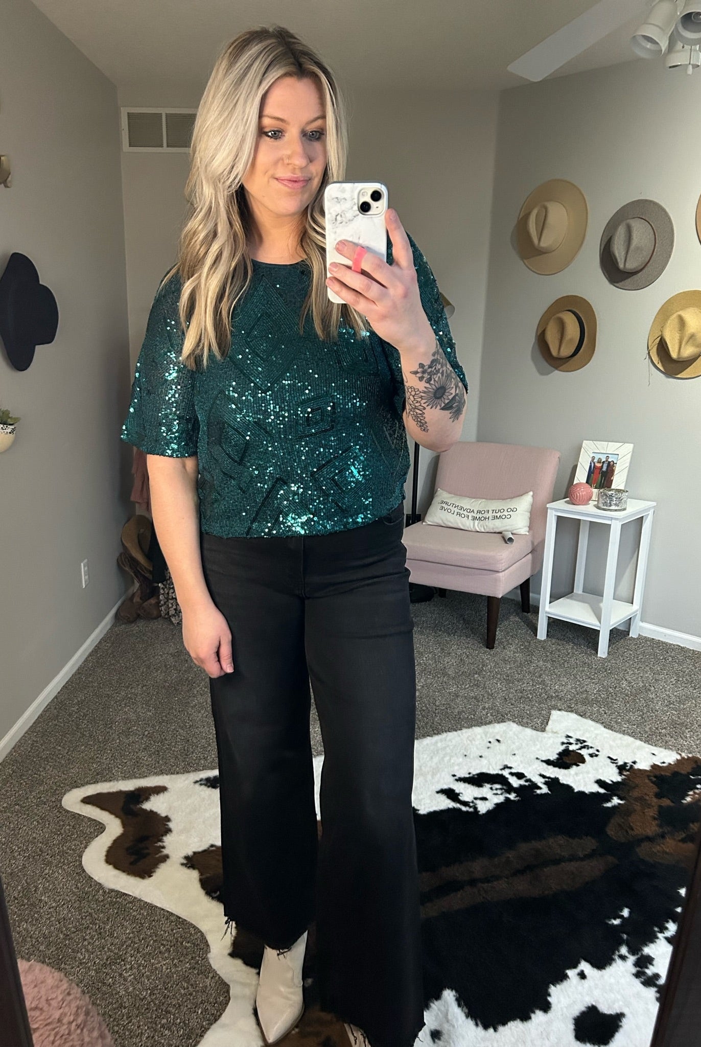 All Of The Lights Sequin-Detail Top - Hunter Green-Short Sleeves-Skies Are Blue-Anna Kaytes Boutique, Women's Fashion Boutique in Grinnell, Iowa