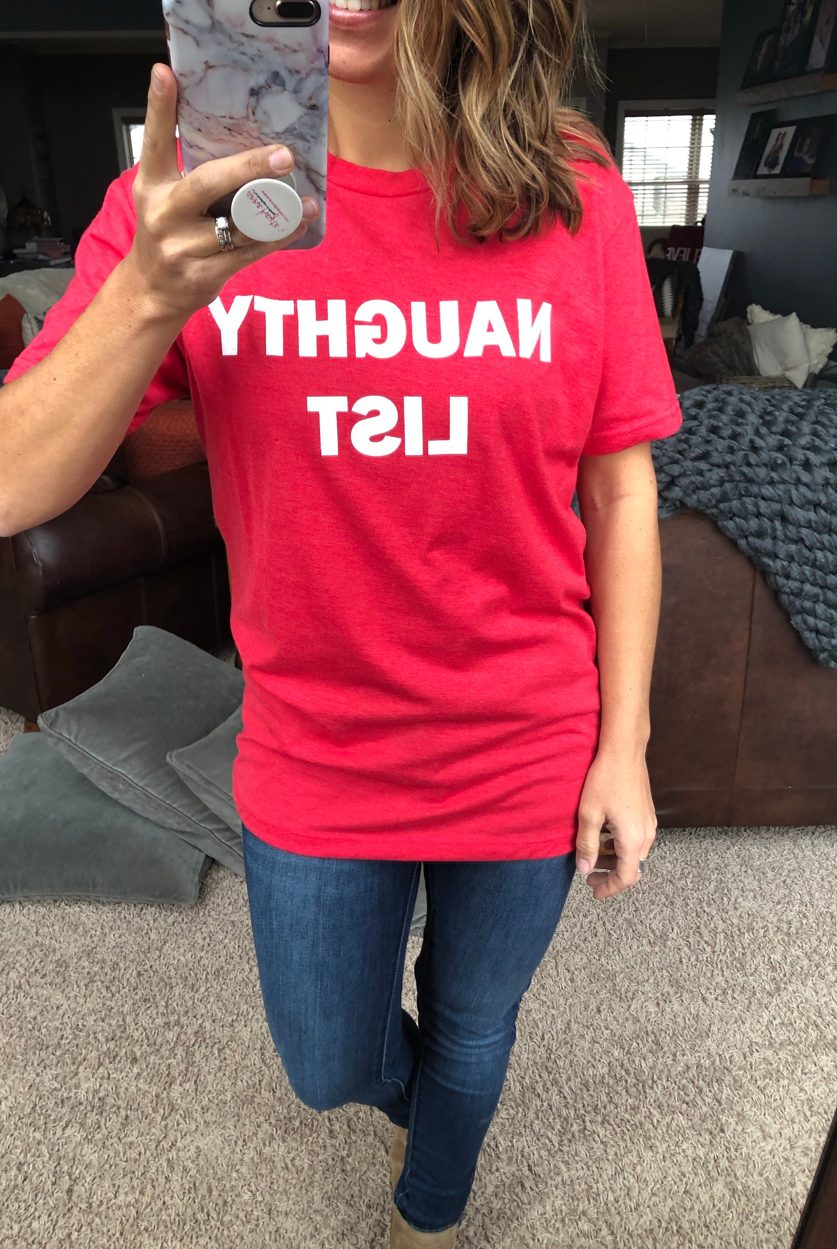 Naughty List Graphic Holiday Tee-Graphic Tees-Anna Kaytes Boutique-Anna Kaytes Boutique, Women's Fashion Boutique in Grinnell, Iowa