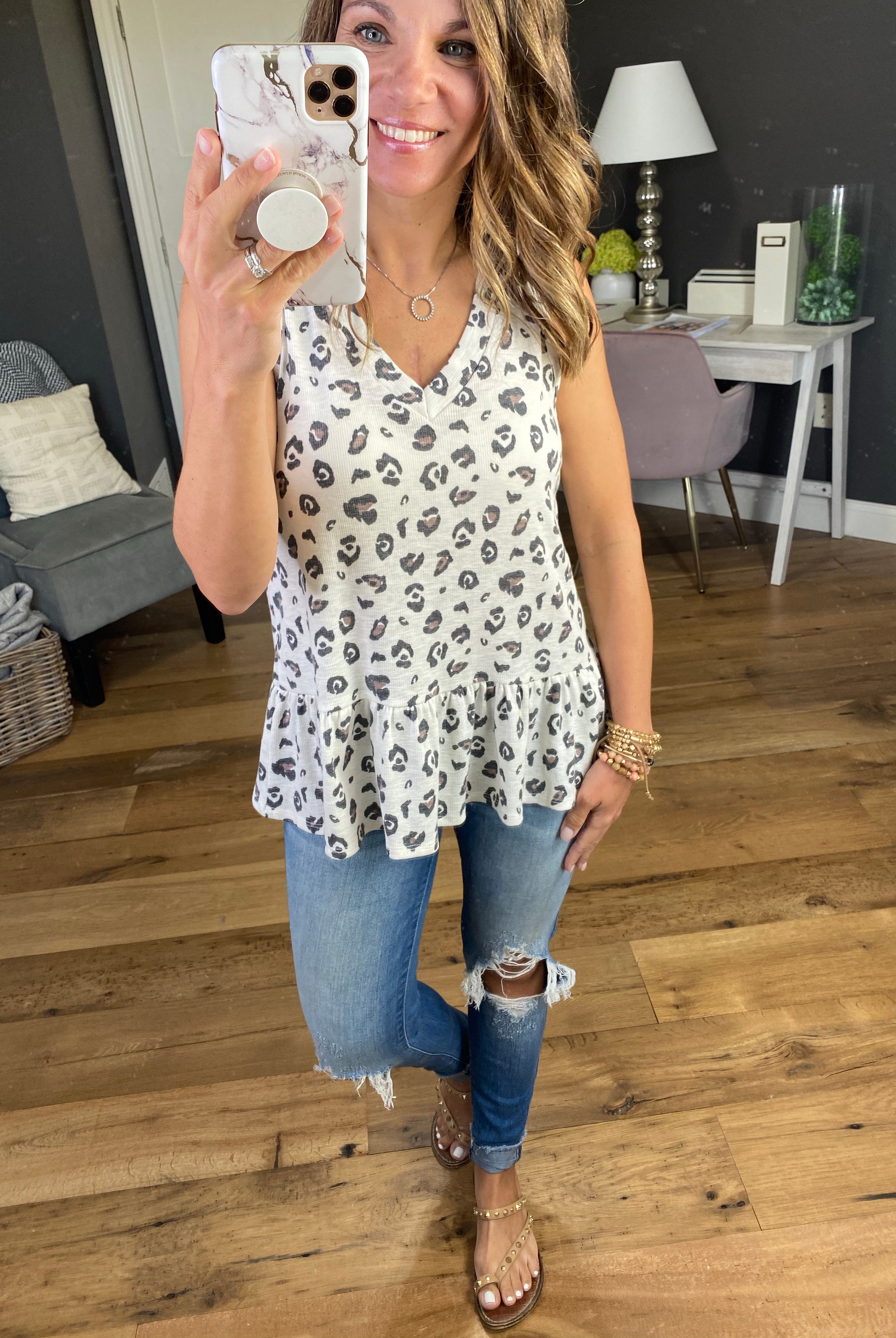 All It Takes Ivory & Mocha Leopard Peplum Tank-Sleeveless-Mittoshop T10017-Anna Kaytes Boutique, Women's Fashion Boutique in Grinnell, Iowa