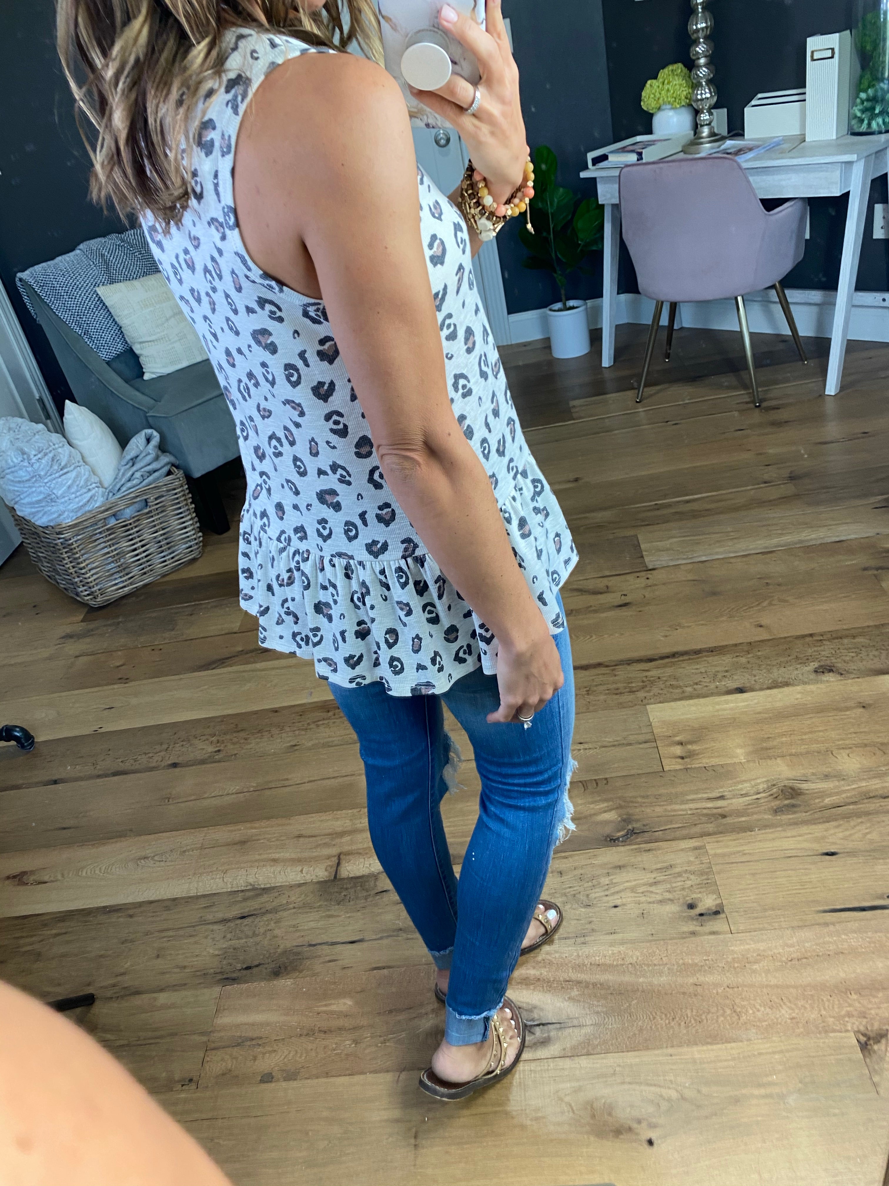 All It Takes Ivory & Mocha Leopard Peplum Tank-Sleeveless-Mittoshop T10017-Anna Kaytes Boutique, Women's Fashion Boutique in Grinnell, Iowa