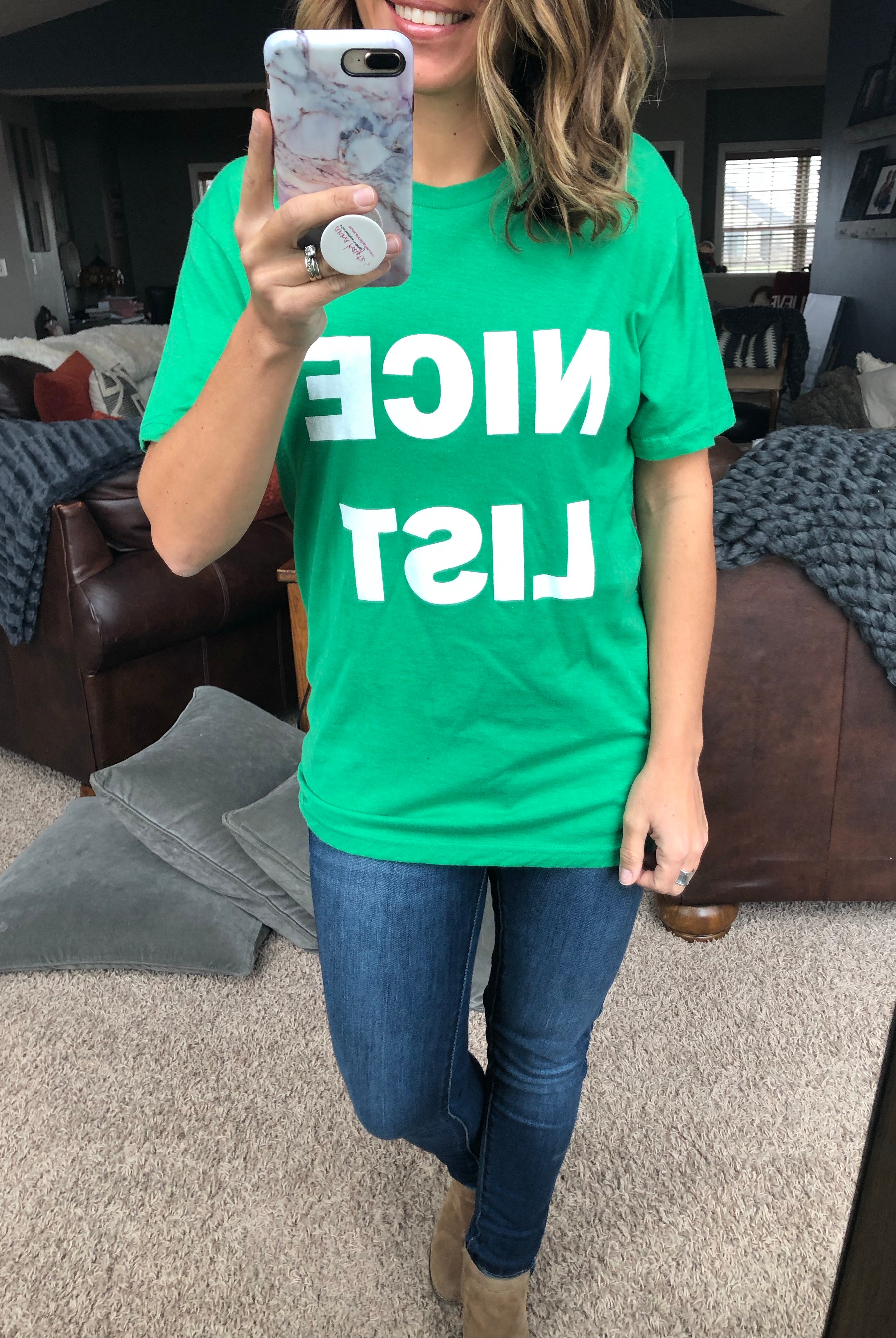 Nice List Graphic Holiday Tee-Graphic Tees-Anna Kaytes Boutique-Anna Kaytes Boutique, Women's Fashion Boutique in Grinnell, Iowa