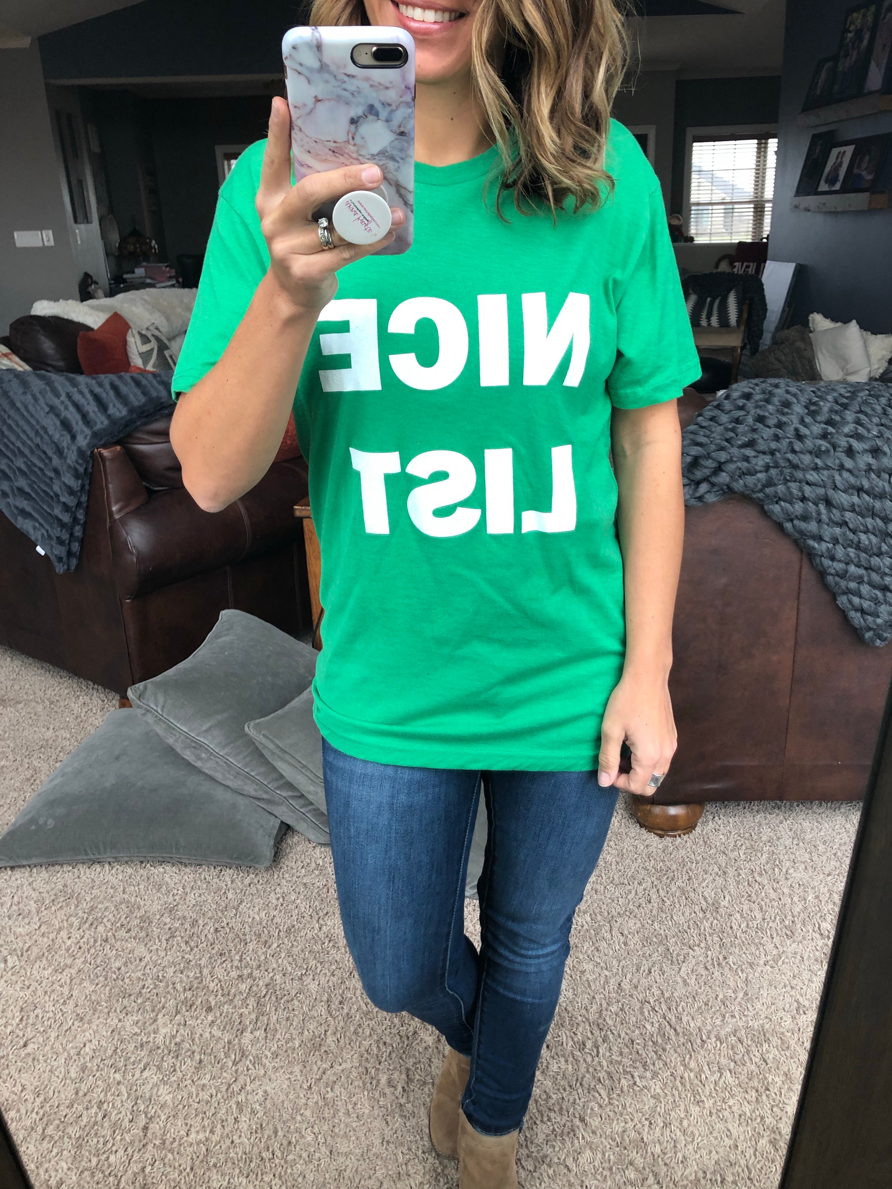 Nice List Graphic Holiday Tee-Graphic Tees-Anna Kaytes Boutique-Anna Kaytes Boutique, Women's Fashion Boutique in Grinnell, Iowa
