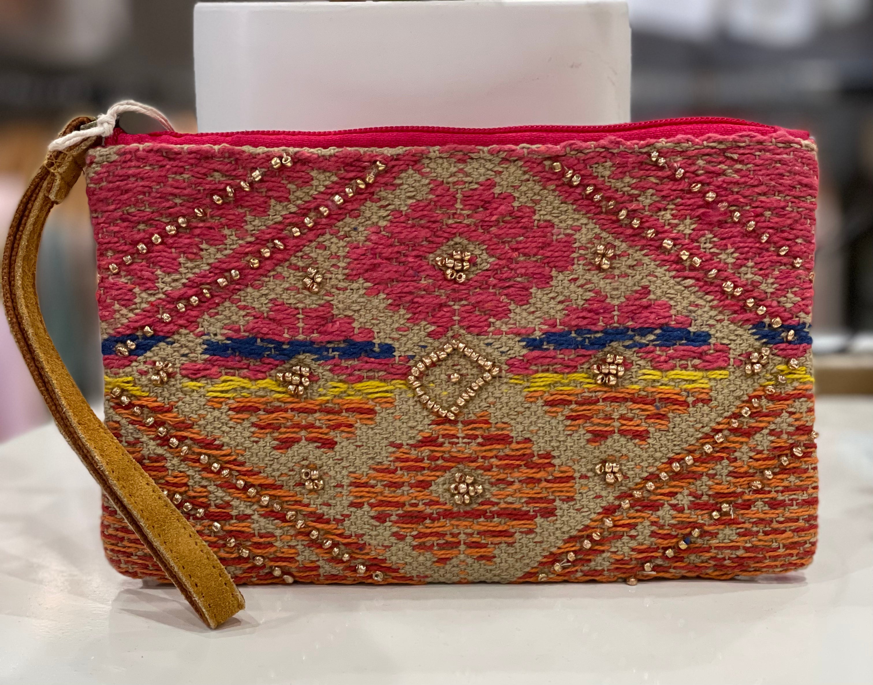 Baya Handmade Patterned Clutch- Pink/Taupe Multi-Clutch-Urbanista- 60B3098-Anna Kaytes Boutique, Women's Fashion Boutique in Grinnell, Iowa