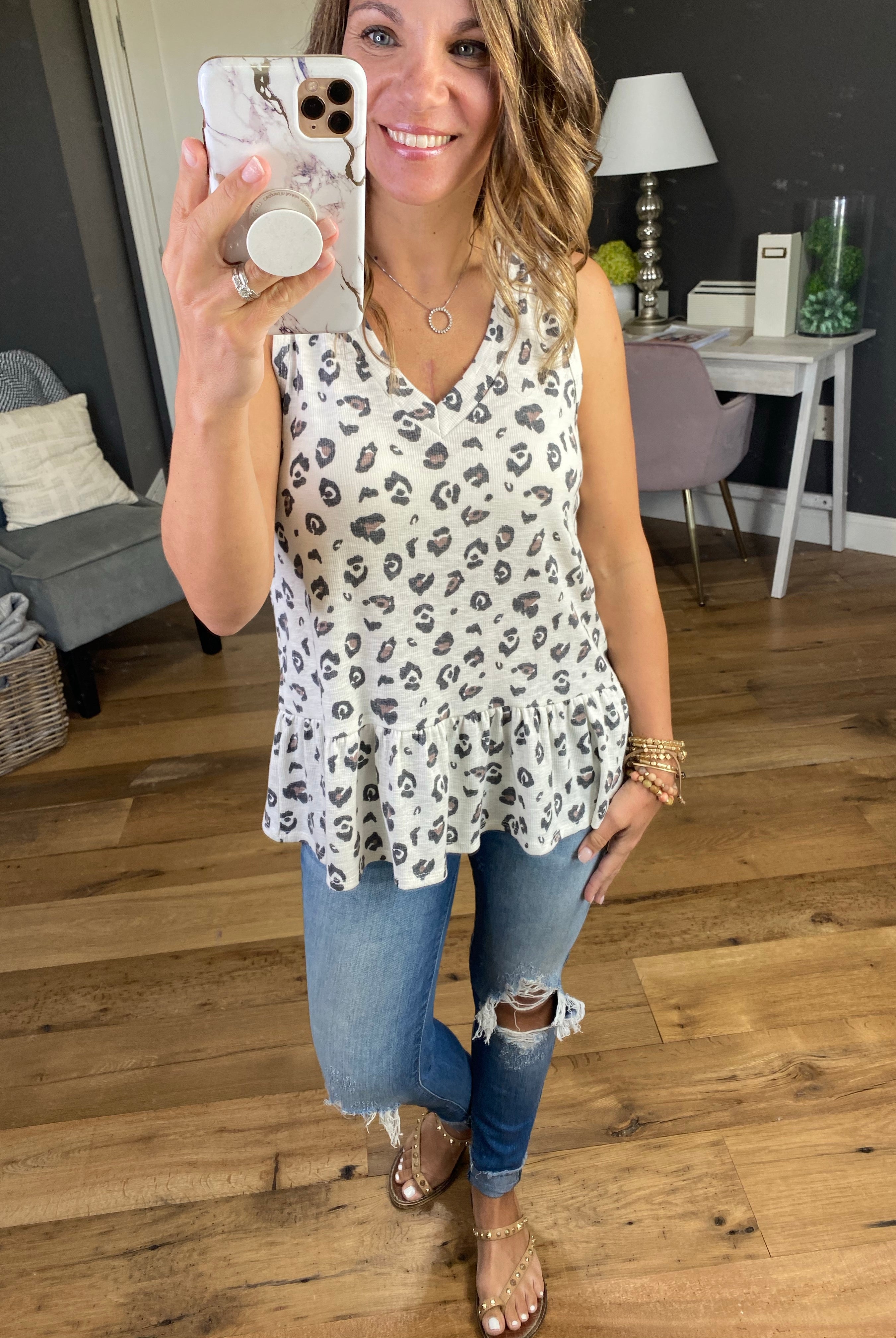 All It Takes Ivory & Mocha Leopard Peplum Tank-Sleeveless-Mittoshop T10017-Anna Kaytes Boutique, Women's Fashion Boutique in Grinnell, Iowa