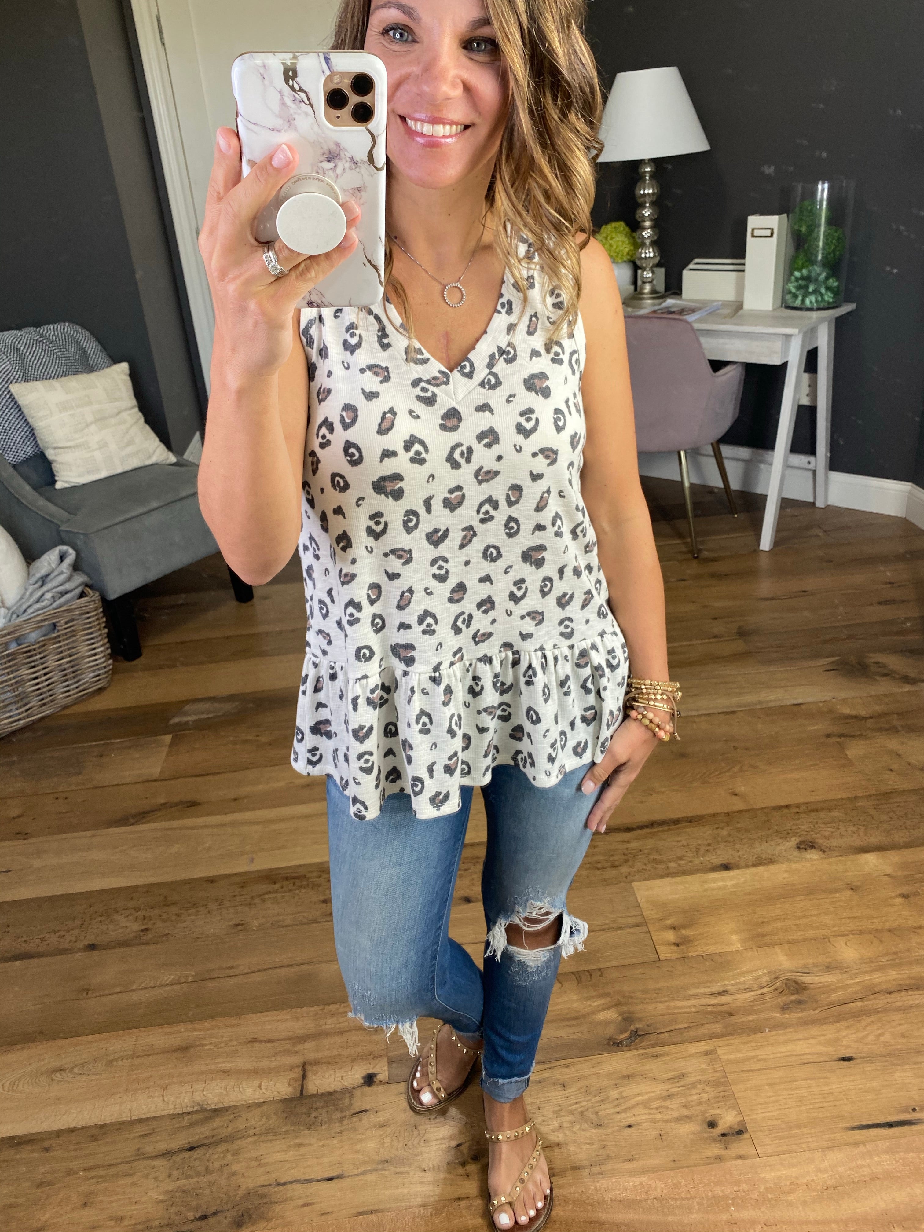 All It Takes Ivory & Mocha Leopard Peplum Tank-Sleeveless-Mittoshop T10017-Anna Kaytes Boutique, Women's Fashion Boutique in Grinnell, Iowa
