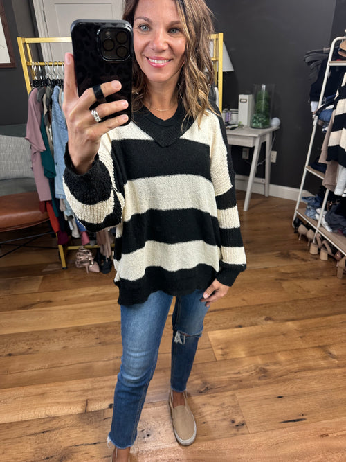 Better Than Ever Striped V-Neck Sweater - Black/Sand-Miracle M9107-Anna Kaytes Boutique, Women's Fashion Boutique in Grinnell, Iowa