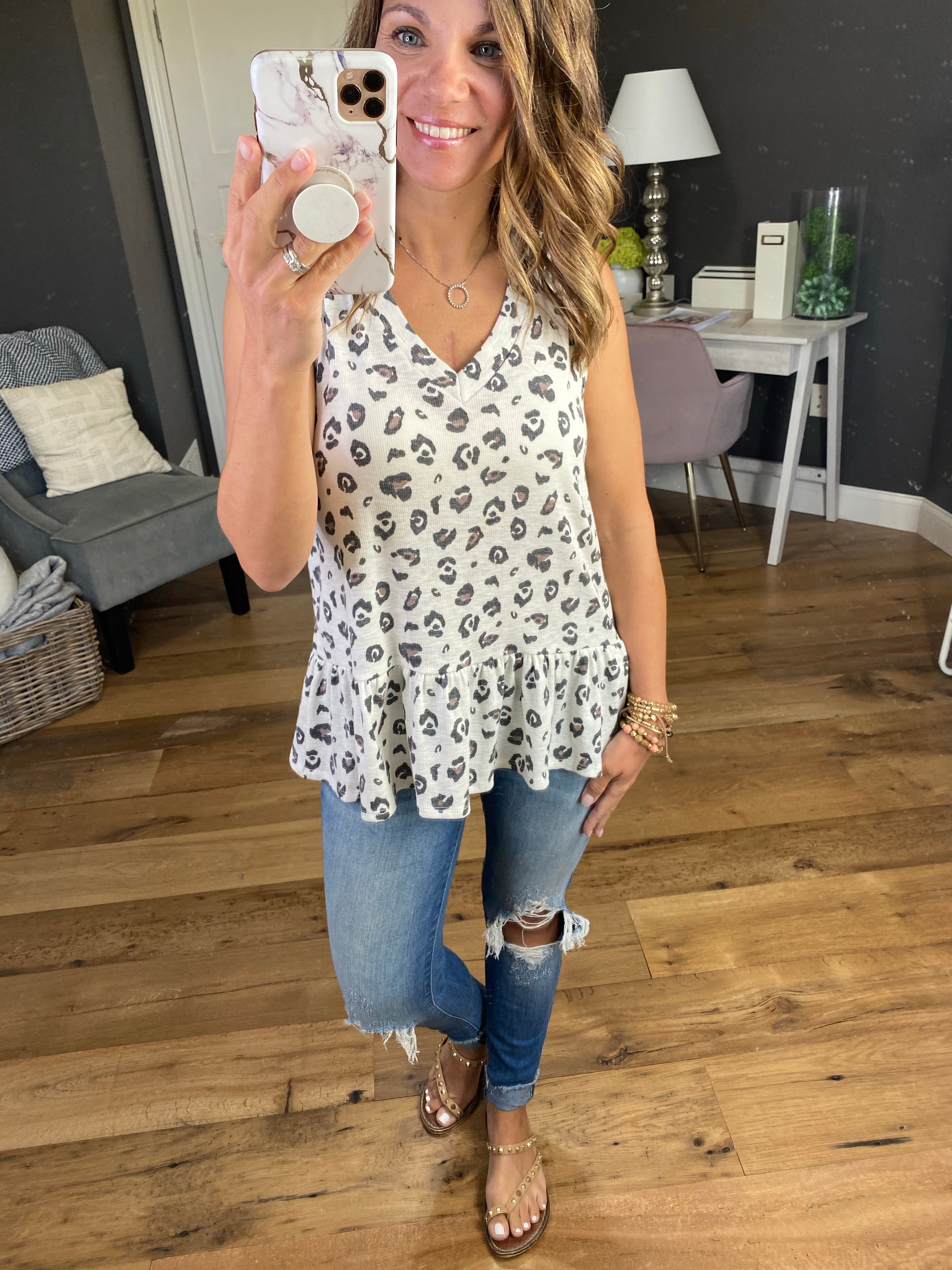 All It Takes Ivory & Mocha Leopard Peplum Tank-Sleeveless-Mittoshop T10017-Anna Kaytes Boutique, Women's Fashion Boutique in Grinnell, Iowa