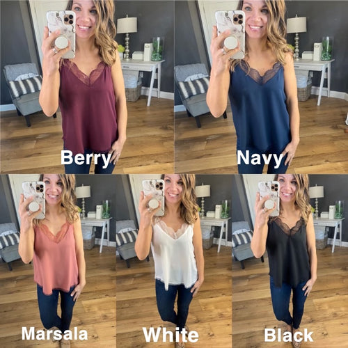 Picture Perfect Cami with Lace Neckline & Adjustable Straps- Multiple Options-Tank Tops-La Miel HUT7065-Anna Kaytes Boutique, Women's Fashion Boutique in Grinnell, Iowa
