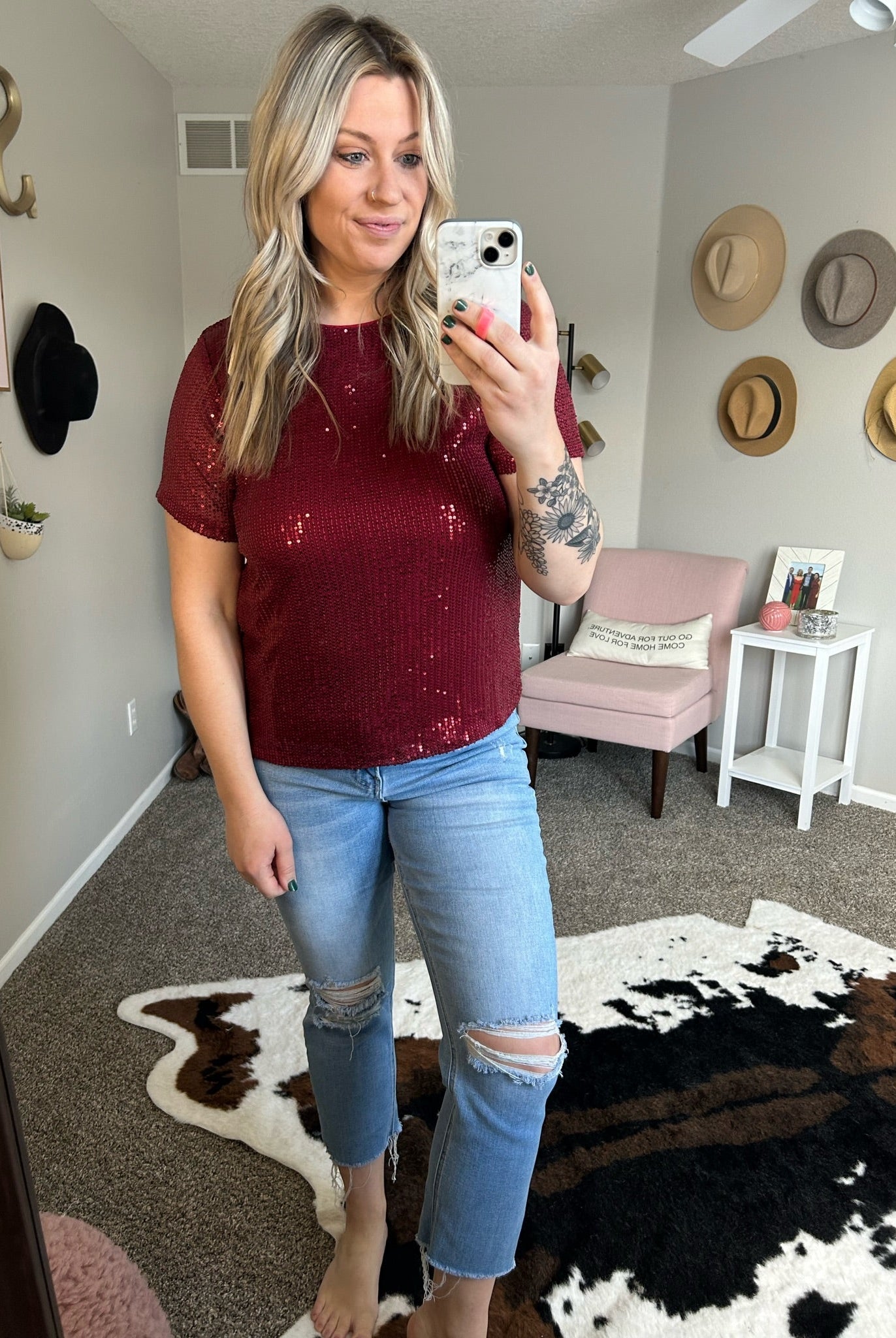 Take A Look Sequin Detail Top - Wine-Short Sleeves-Vine & Love VT60101-Anna Kaytes Boutique, Women's Fashion Boutique in Grinnell, Iowa