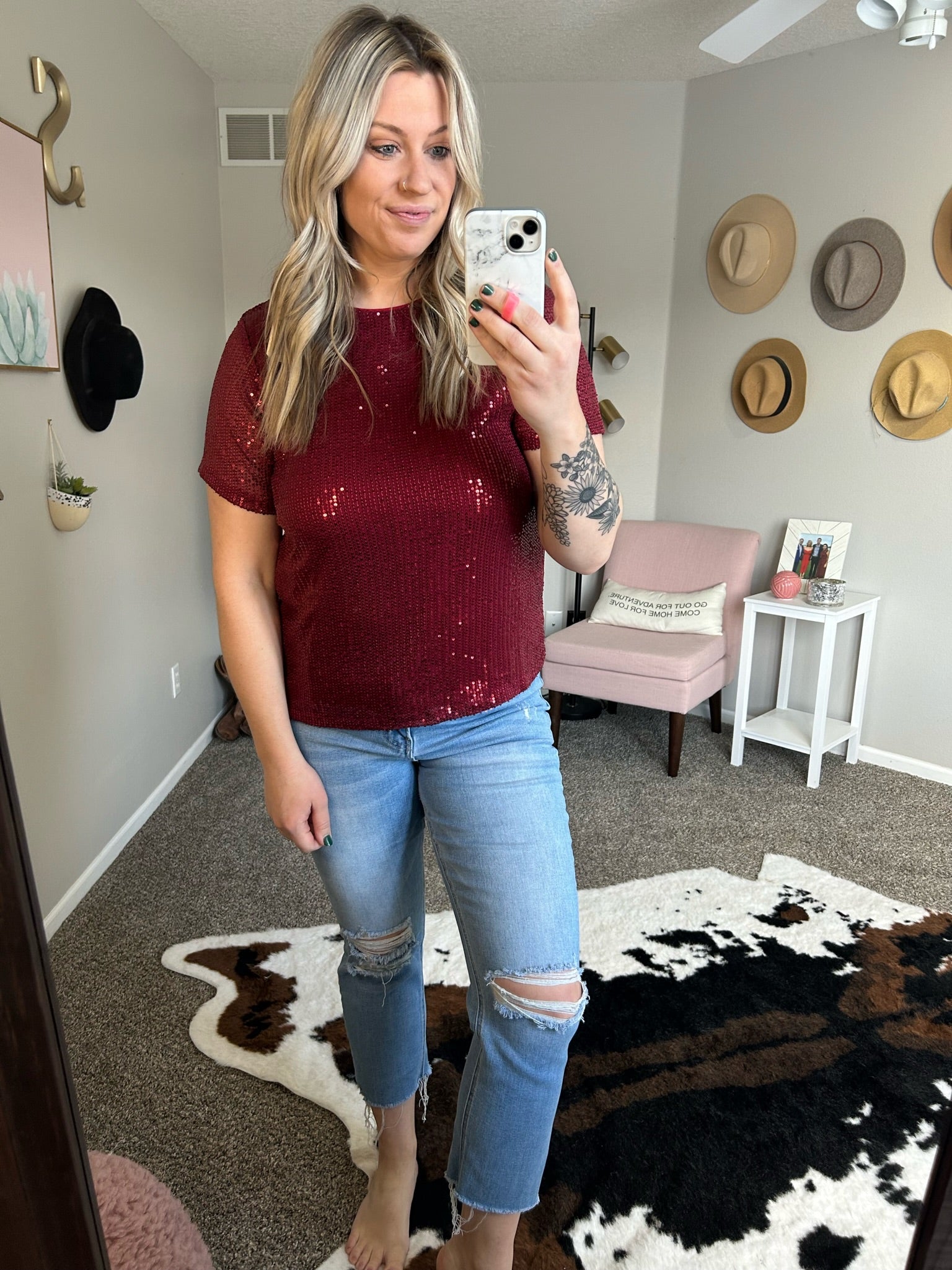 Take A Look Sequin Detail Top - Wine-Short Sleeves-Vine & Love VT60101-Anna Kaytes Boutique, Women's Fashion Boutique in Grinnell, Iowa
