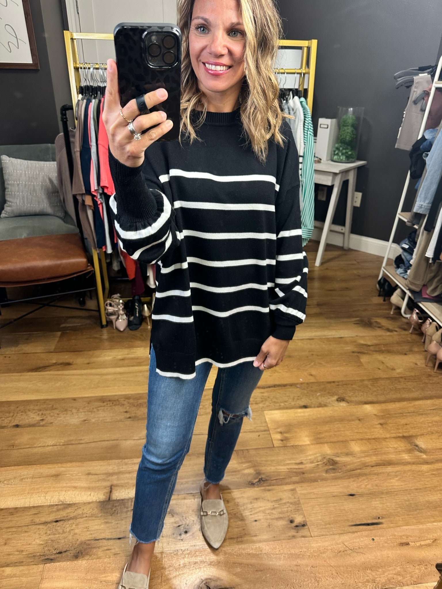 Just The Same Striped Sweater - Black-Sweaters-Vine & Love VT60608-Anna Kaytes Boutique, Women's Fashion Boutique in Grinnell, Iowa