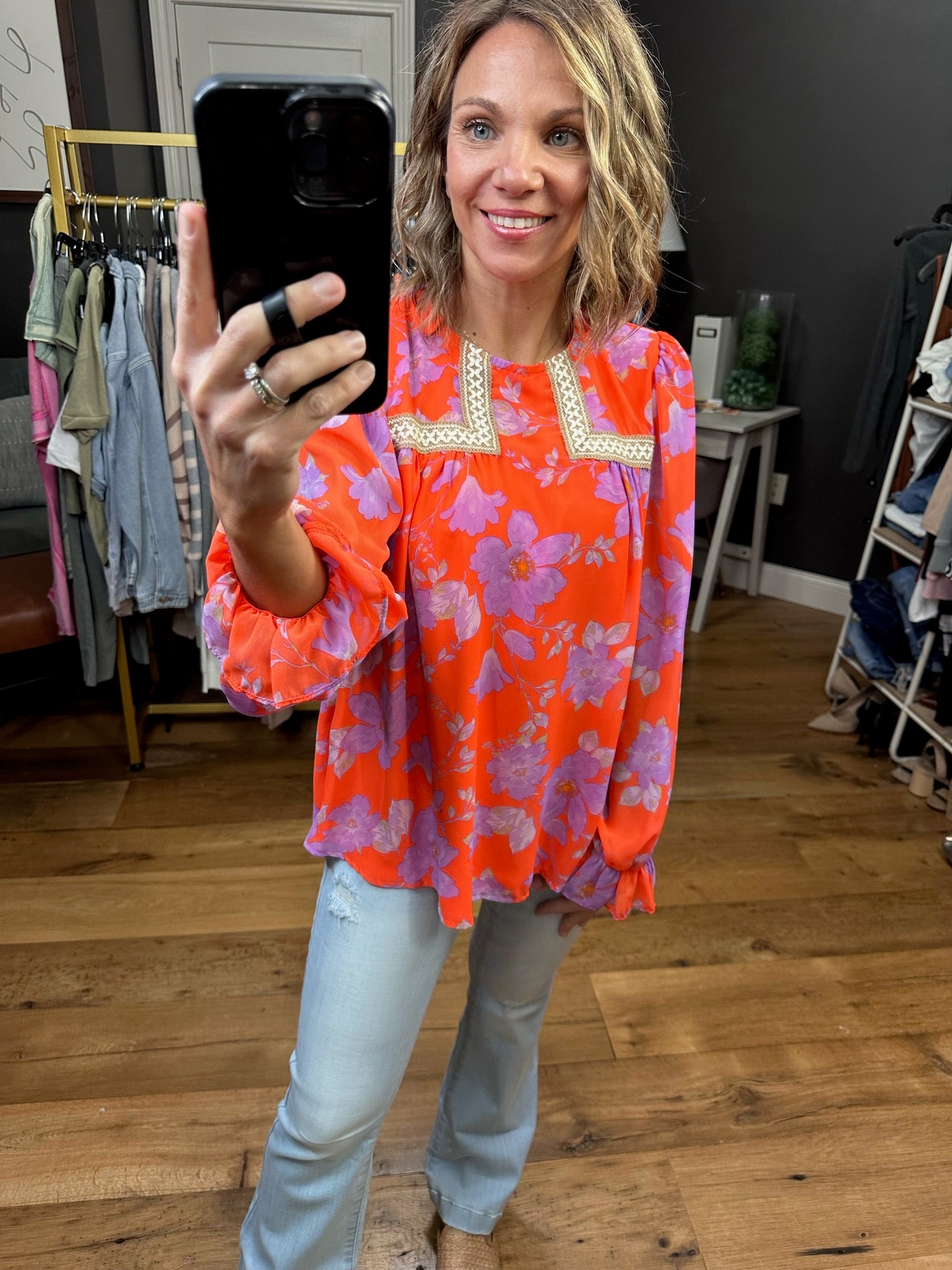 Spring Air Floral Crochet Top - Coral-Long Sleeves-Jodifl 21471-1-Anna Kaytes Boutique, Women's Fashion Boutique in Grinnell, Iowa