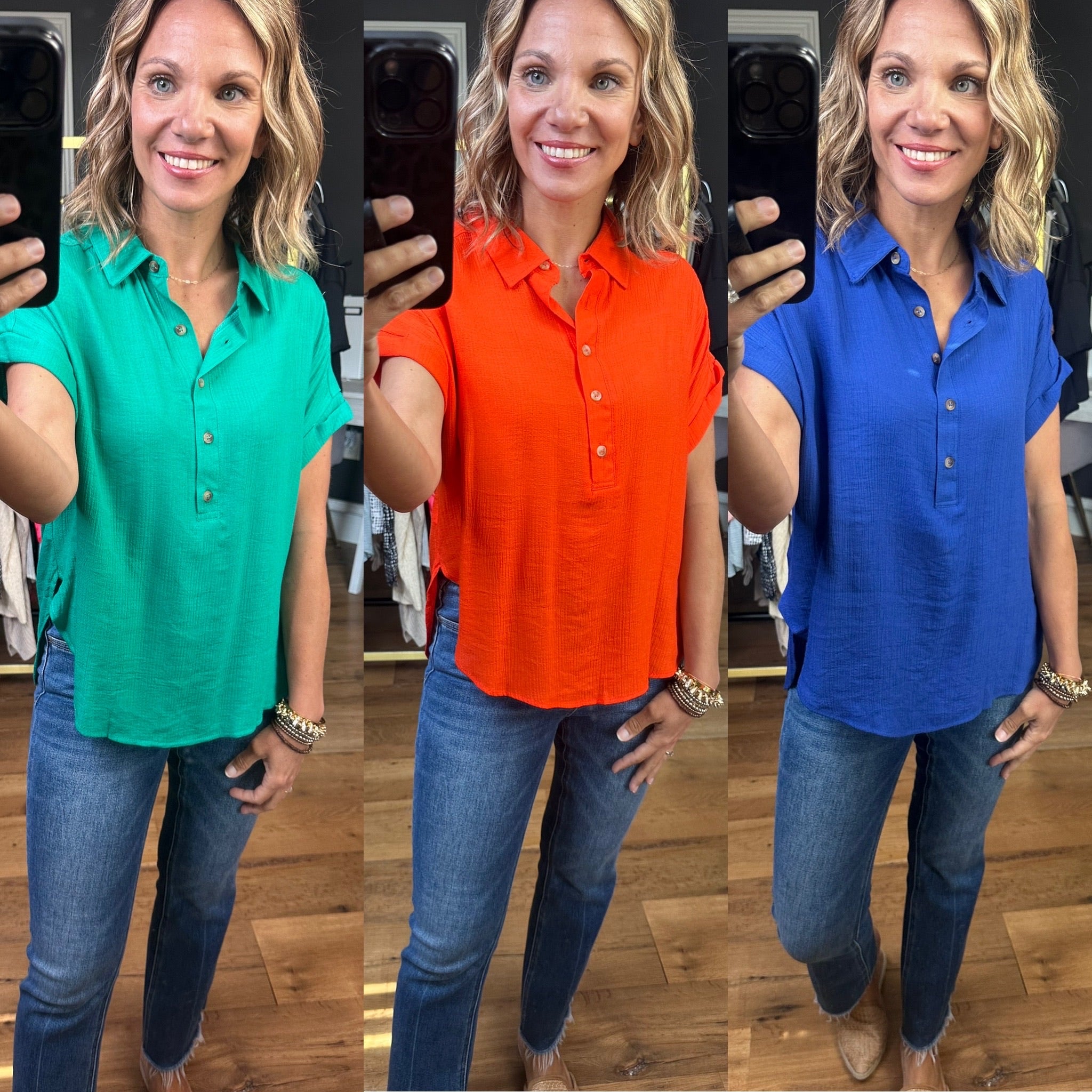 In Motion Half-Button Top - Multiple Options-Short Sleeves-Mine By Blue Pepper-Anna Kaytes Boutique, Women's Fashion Boutique in Grinnell, Iowa