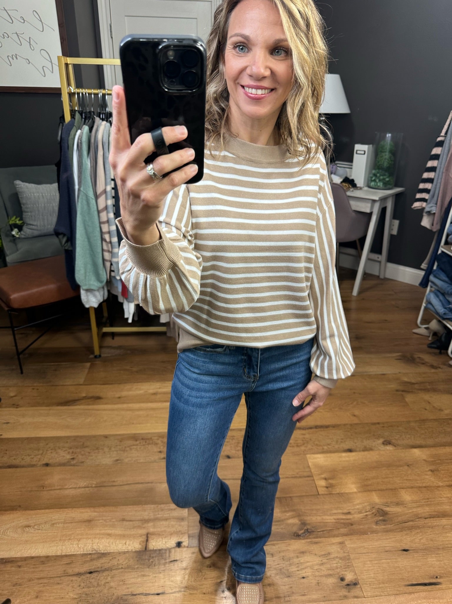 On The Dot Striped Sweater With Balloon Sleeve Detail - Taupe-Sweaters-Be cool 64068-Anna Kaytes Boutique, Women's Fashion Boutique in Grinnell, Iowa