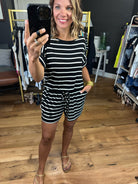 Think More Striped Romper - Black/Ivory-Rompers-Zenana RP-2297ABS-Anna Kaytes Boutique, Women's Fashion Boutique in Grinnell, Iowa