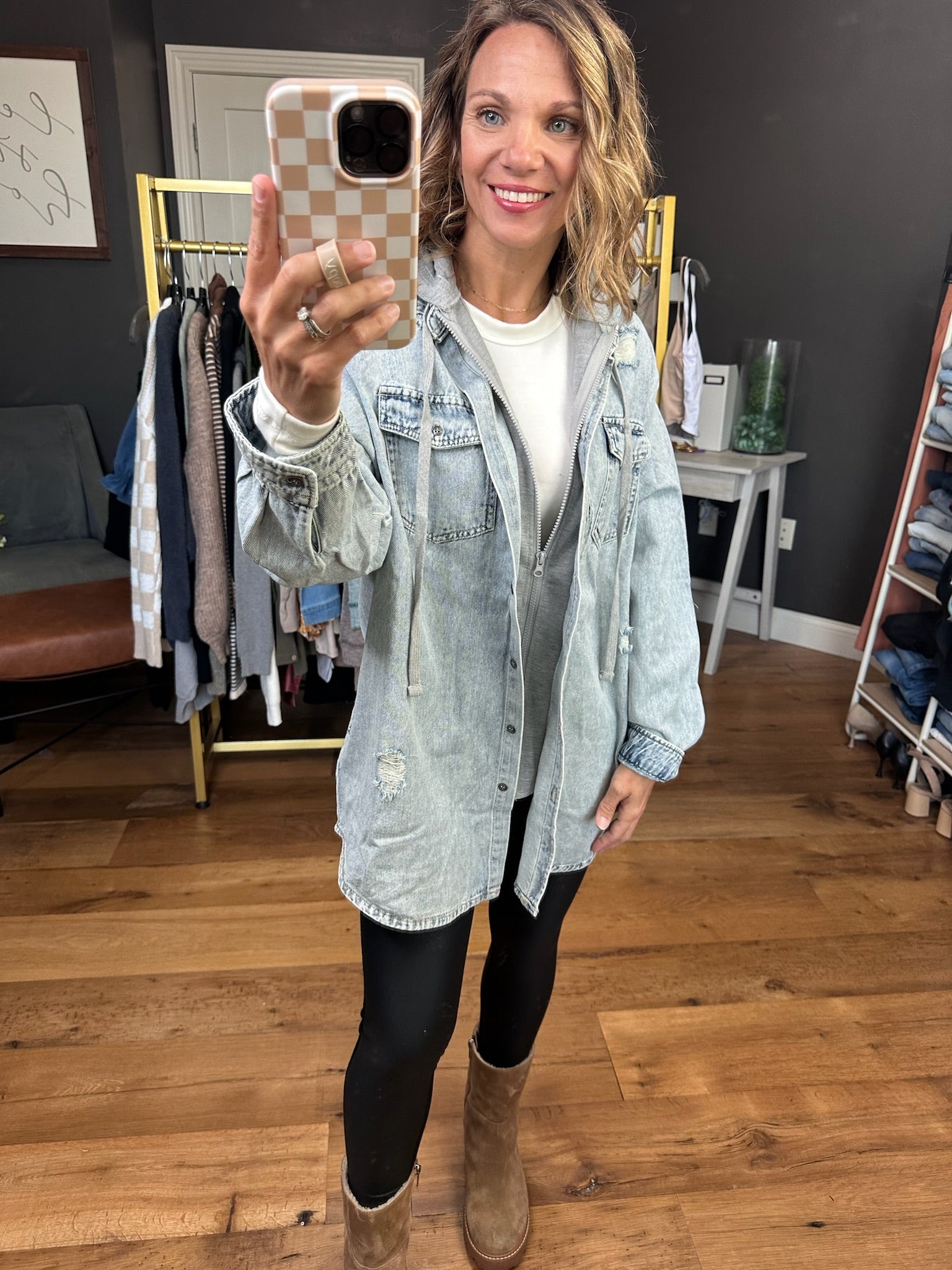 Do It All Denim Hoodie Jacket - Acid Wash-Jackets-Risen RDJ1128-Anna Kaytes Boutique, Women's Fashion Boutique in Grinnell, Iowa