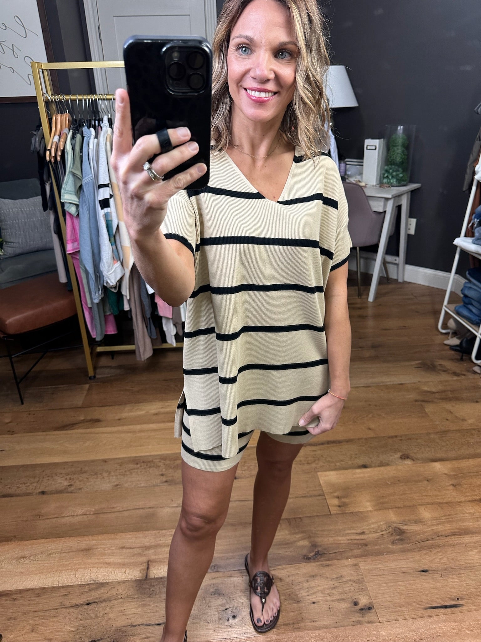 On the Other Side Striped Set - Taupe/Black-Two Piece Set-Wishlist-Anna Kaytes Boutique, Women's Fashion Boutique in Grinnell, Iowa