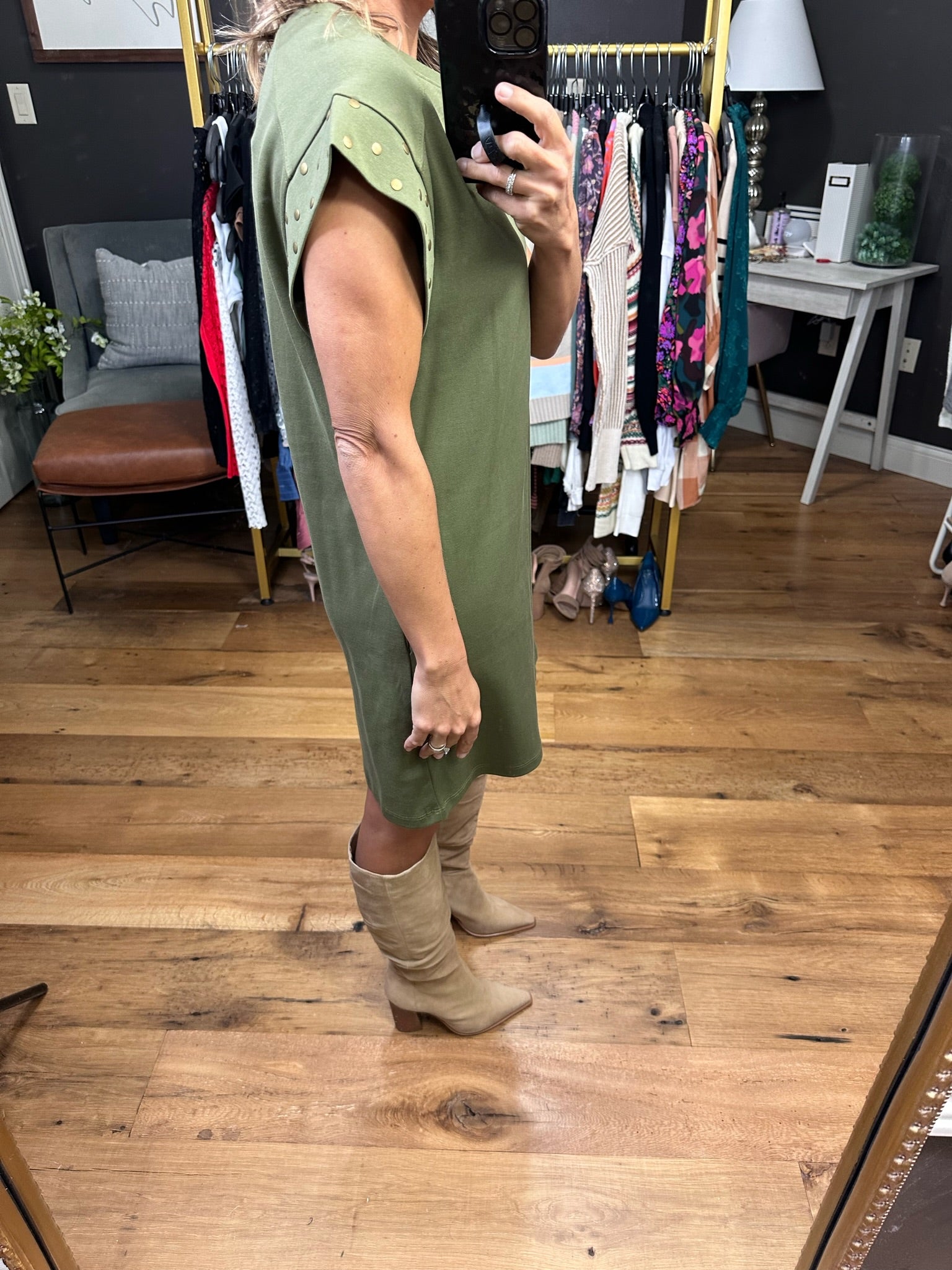 Make It A Moment Studded Sleeve Dress With Pockets - Olive-Dresses-Entro D21021-Anna Kaytes Boutique, Women's Fashion Boutique in Grinnell, Iowa