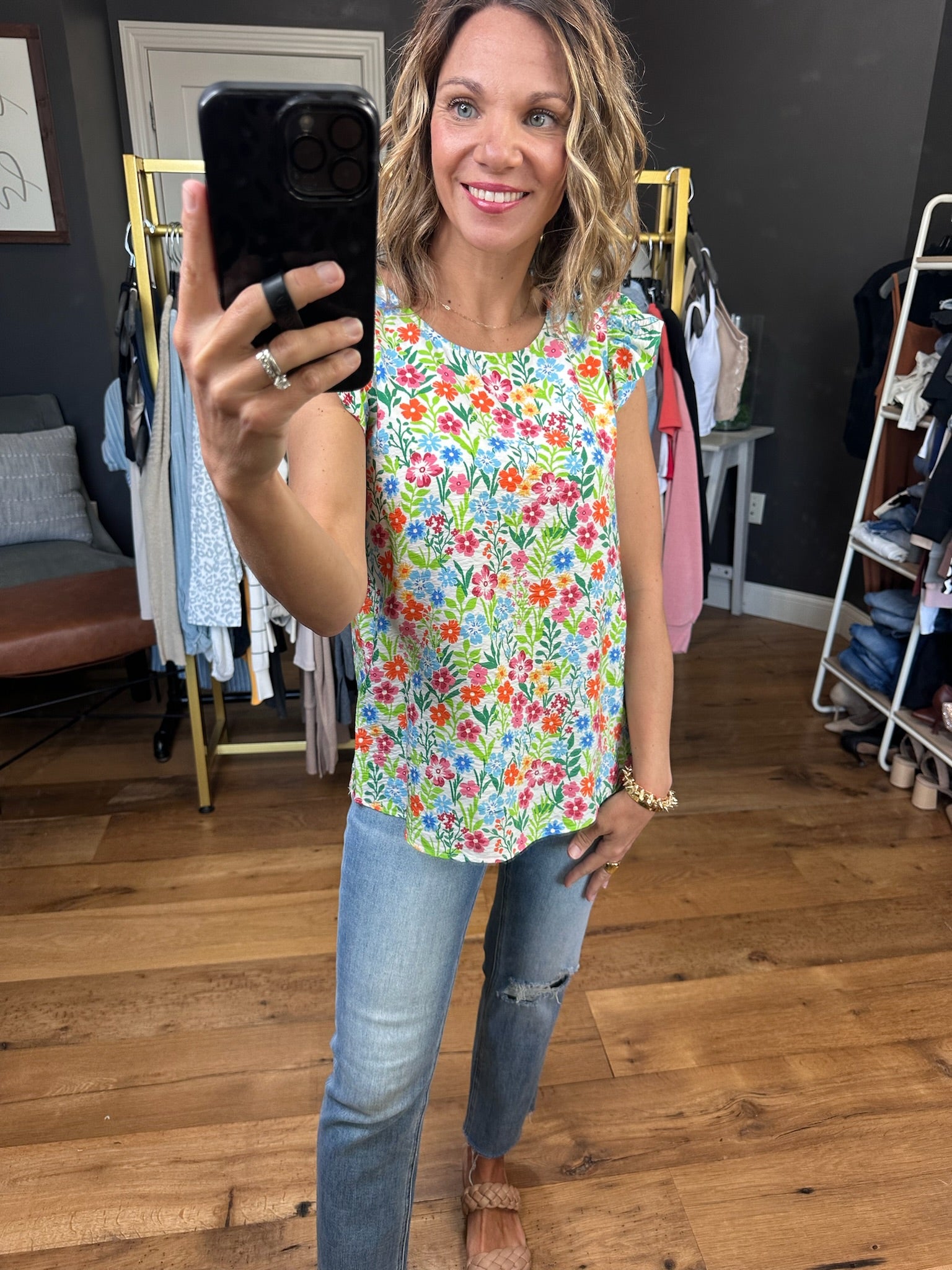 Meadow Morning Floral Top - Ivory Multi-Short Sleeves-Les Amis T1482-E-Anna Kaytes Boutique, Women's Fashion Boutique in Grinnell, Iowa