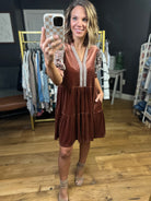 Ties To You Crushed Velvet Dress - Cinnamon-Entro-Anna Kaytes Boutique, Women's Fashion Boutique in Grinnell, Iowa