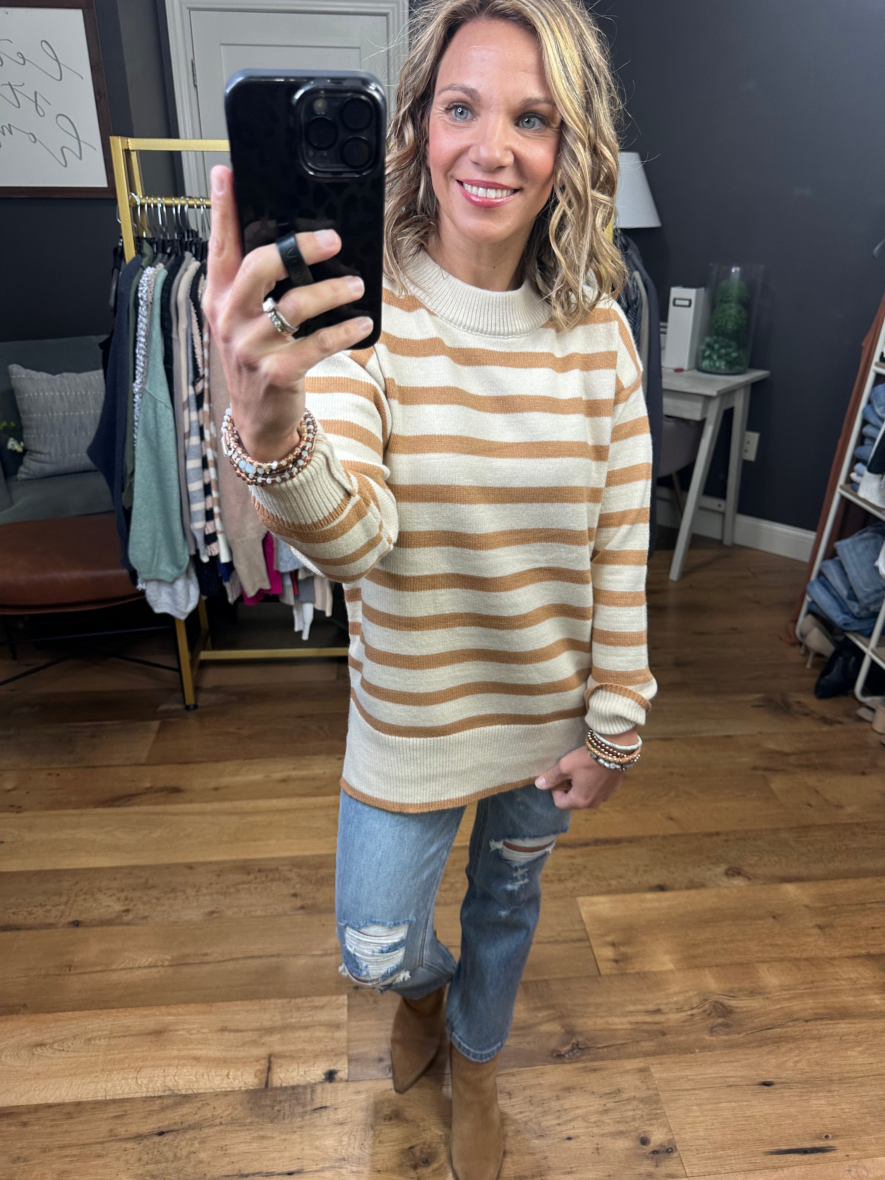 See It That Way Striped Sweater - Camel-Sweaters-Be Cool 64659-Anna Kaytes Boutique, Women's Fashion Boutique in Grinnell, Iowa