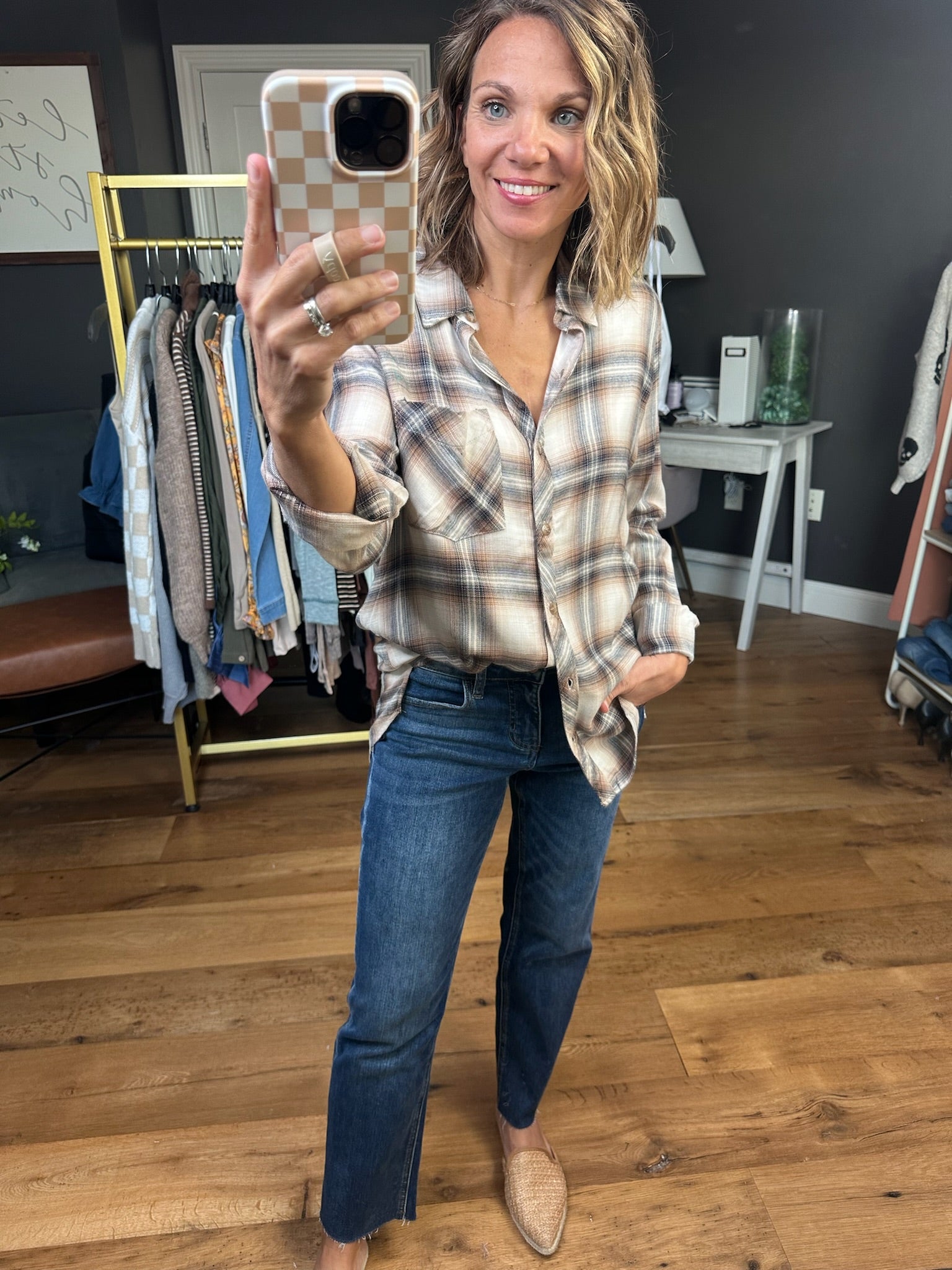 Looking After Me Plaid Button-Down Top - Chestnut/Navy-Be Cool-Anna Kaytes Boutique, Women's Fashion Boutique in Grinnell, Iowa