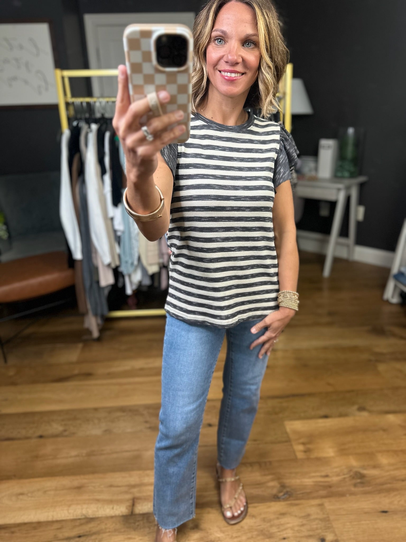 New To Town Striped Flutter Sleeve Top - Charcoal-Staccato-Anna Kaytes Boutique, Women's Fashion Boutique in Grinnell, Iowa