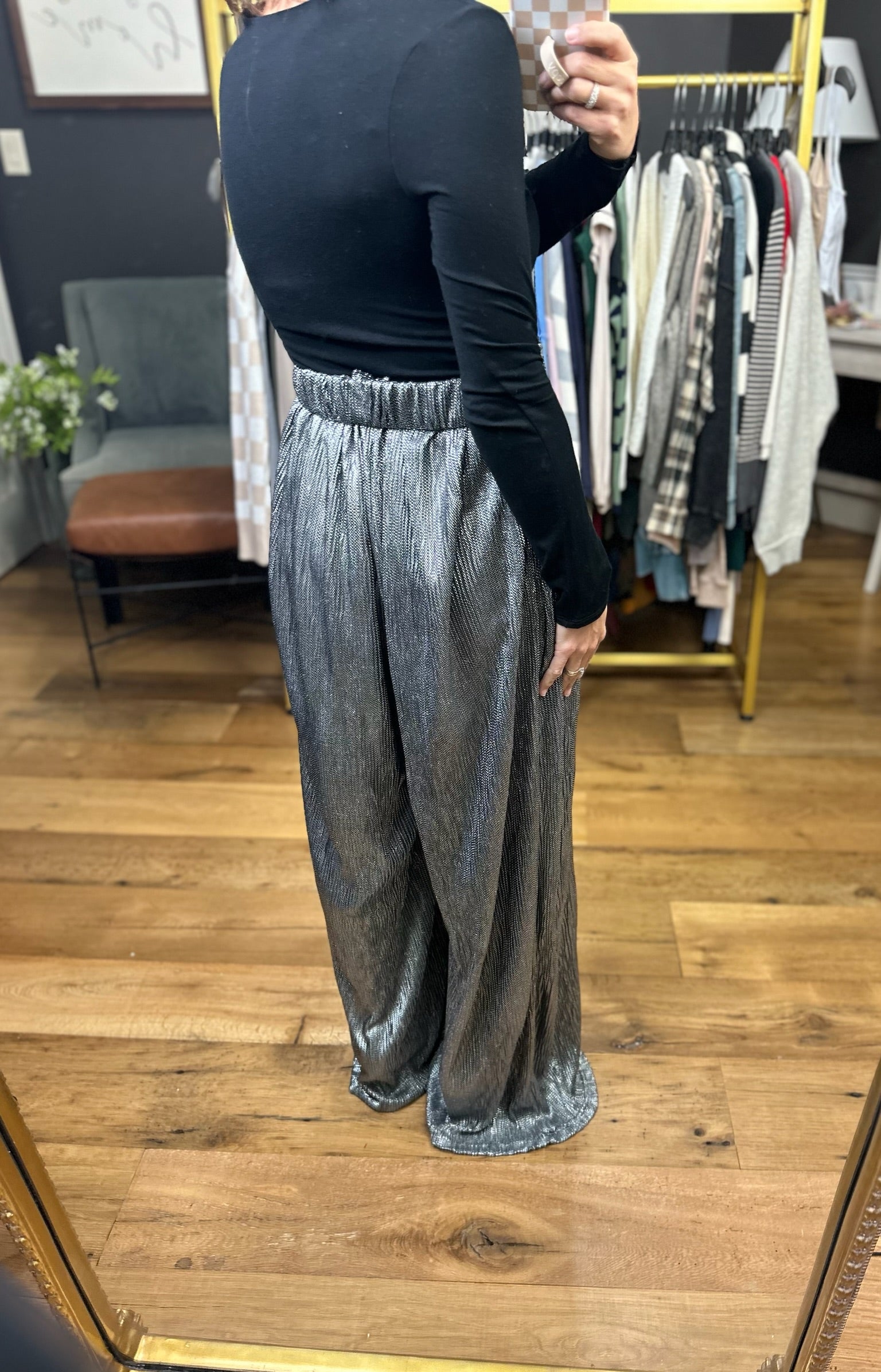 Hours Go By High-Waisted Lurex Pant - Black-Glam-Anna Kaytes Boutique, Women's Fashion Boutique in Grinnell, Iowa