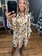 By My Side Floral High-Neck Dress With Smocked Detail - Natural-Dresses-Skies Are Blue 99588-Anna Kaytes Boutique, Women's Fashion Boutique in Grinnell, Iowa