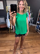 What Happiness Means Swiss Dot Top With Flutter Sleeve - Kelly Green-Short Sleeves-Les Amis T1482-N-Anna Kaytes Boutique, Women's Fashion Boutique in Grinnell, Iowa