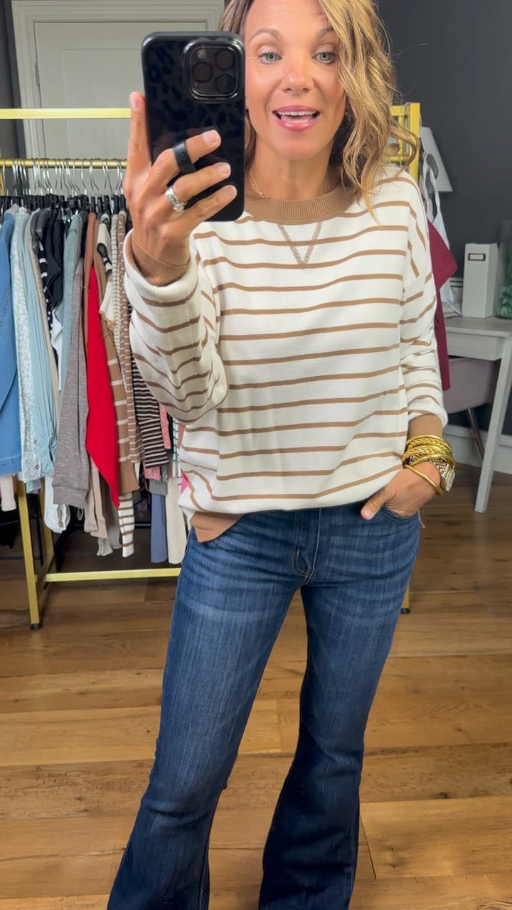 All Your Reasons Lightweight Striped Crew Sweater - White/Taupe-Staccato-Anna Kaytes Boutique, Women's Fashion Boutique in Grinnell, Iowa