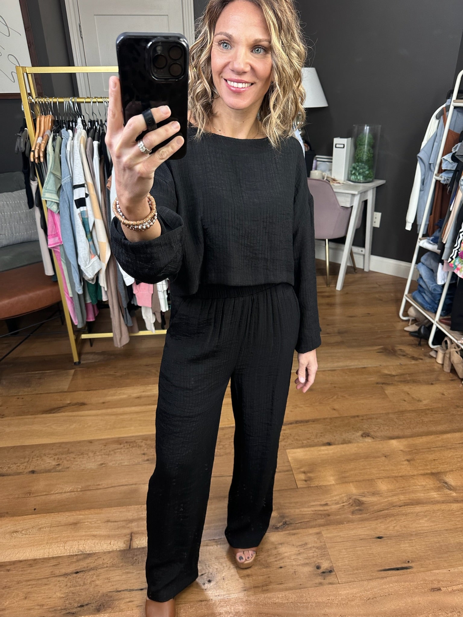 This Is It Wide-Leg + Cropped Long Sleeve Set - Black-Two Piece Set-Blu Pepper B3SX1007-T B3SX1007-B-Anna Kaytes Boutique, Women's Fashion Boutique in Grinnell, Iowa