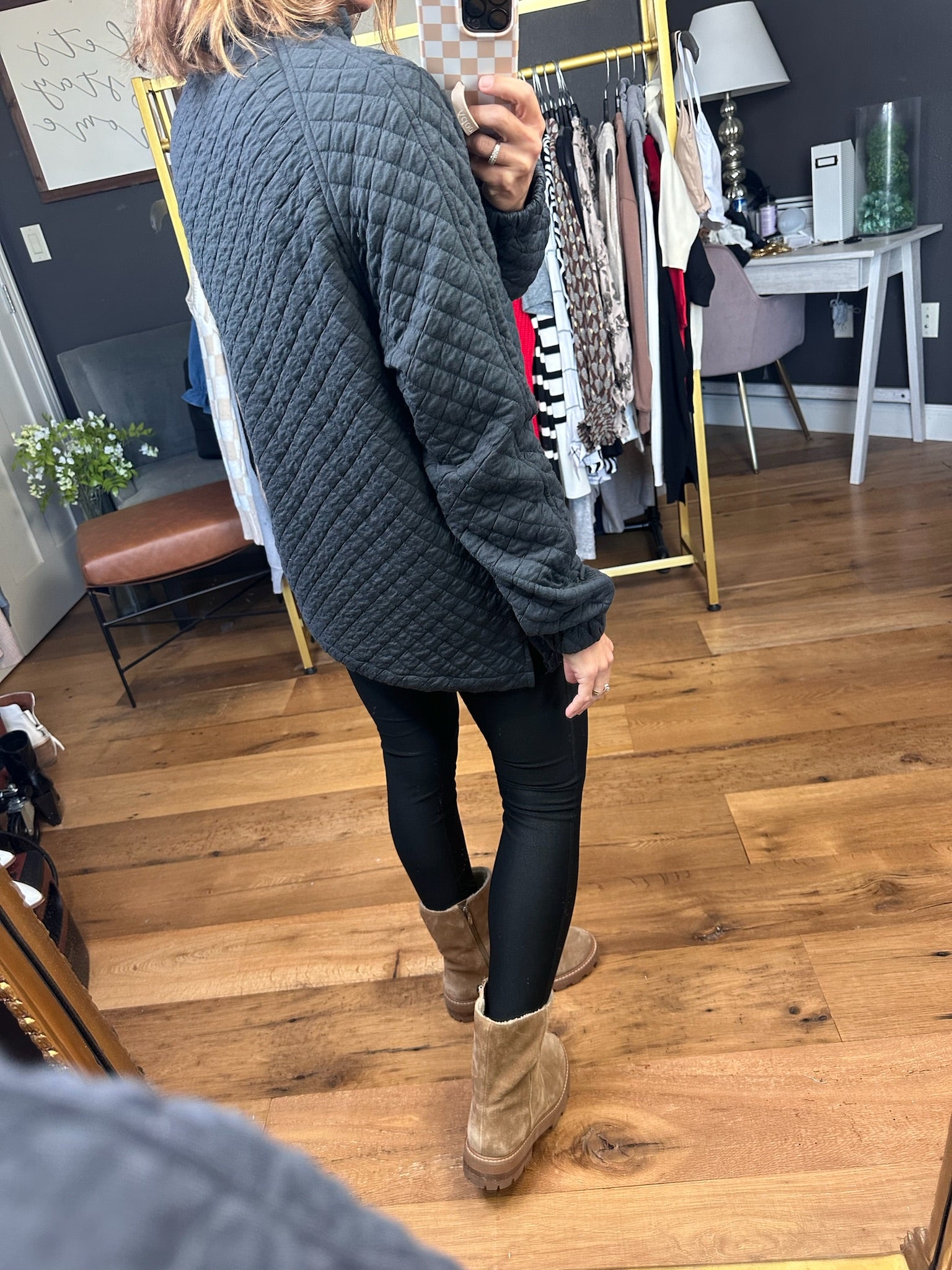 Check Point 1/2 Zip Quilted Pullover - Charcoal-Staccato-Anna Kaytes Boutique, Women's Fashion Boutique in Grinnell, Iowa