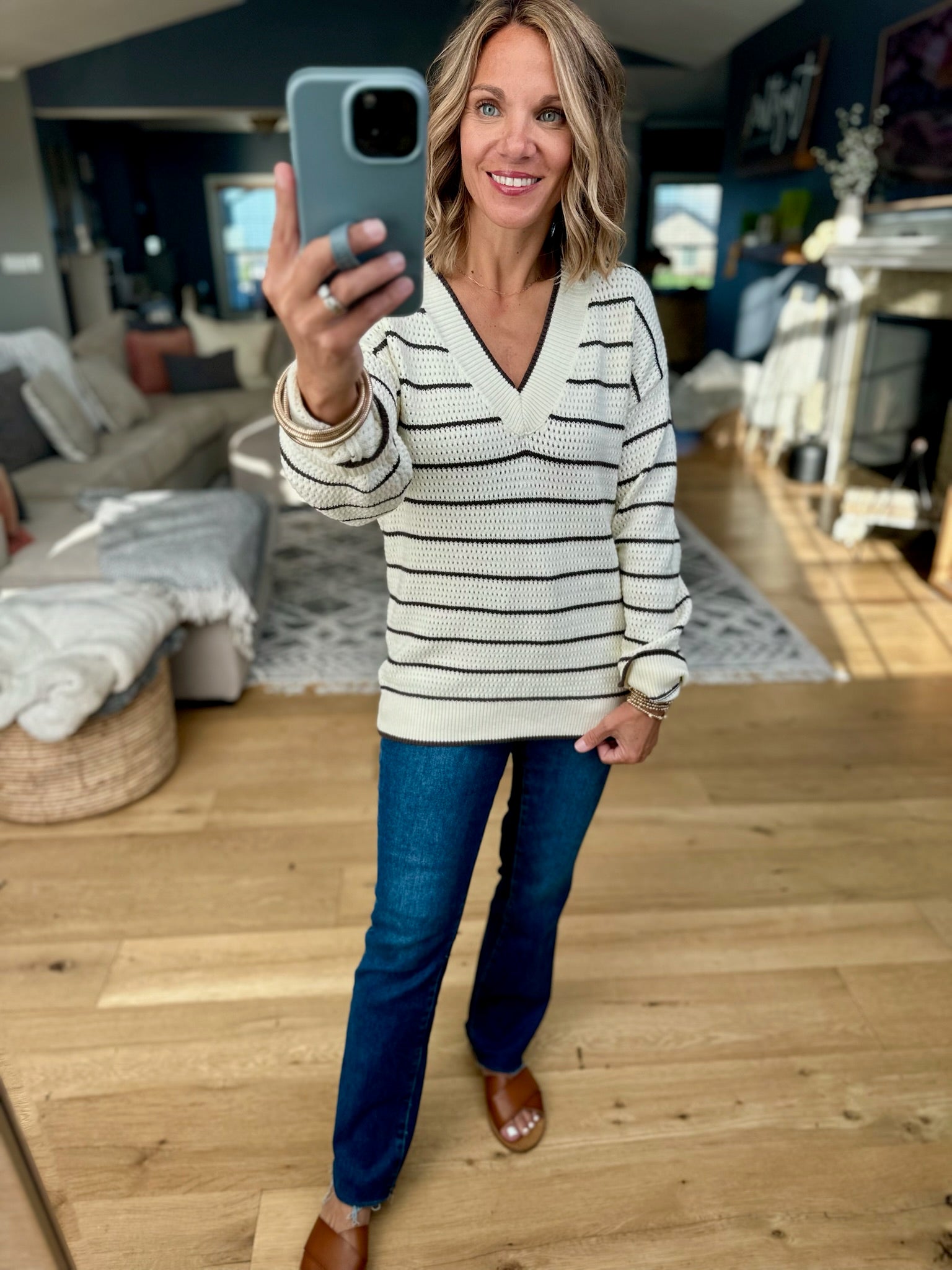 **Newly Discovered Striped V-Neck Knit Sweater-Thread & Supply-Anna Kaytes Boutique, Women's Fashion Boutique in Grinnell, Iowa