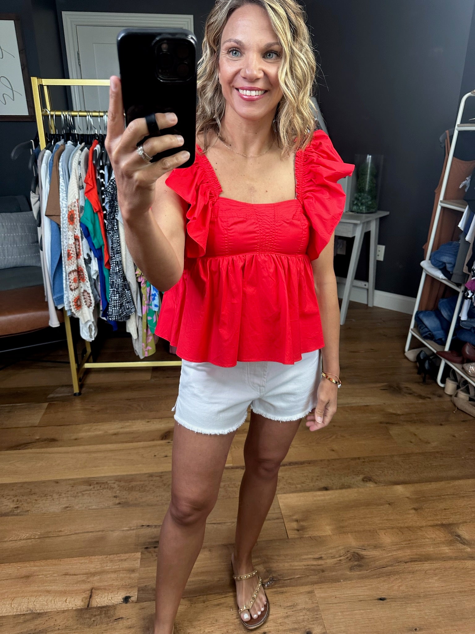 Paint the Town Babydoll Peplum Top - Red-Short Sleeves-Olivaceous-Anna Kaytes Boutique, Women's Fashion Boutique in Grinnell, Iowa